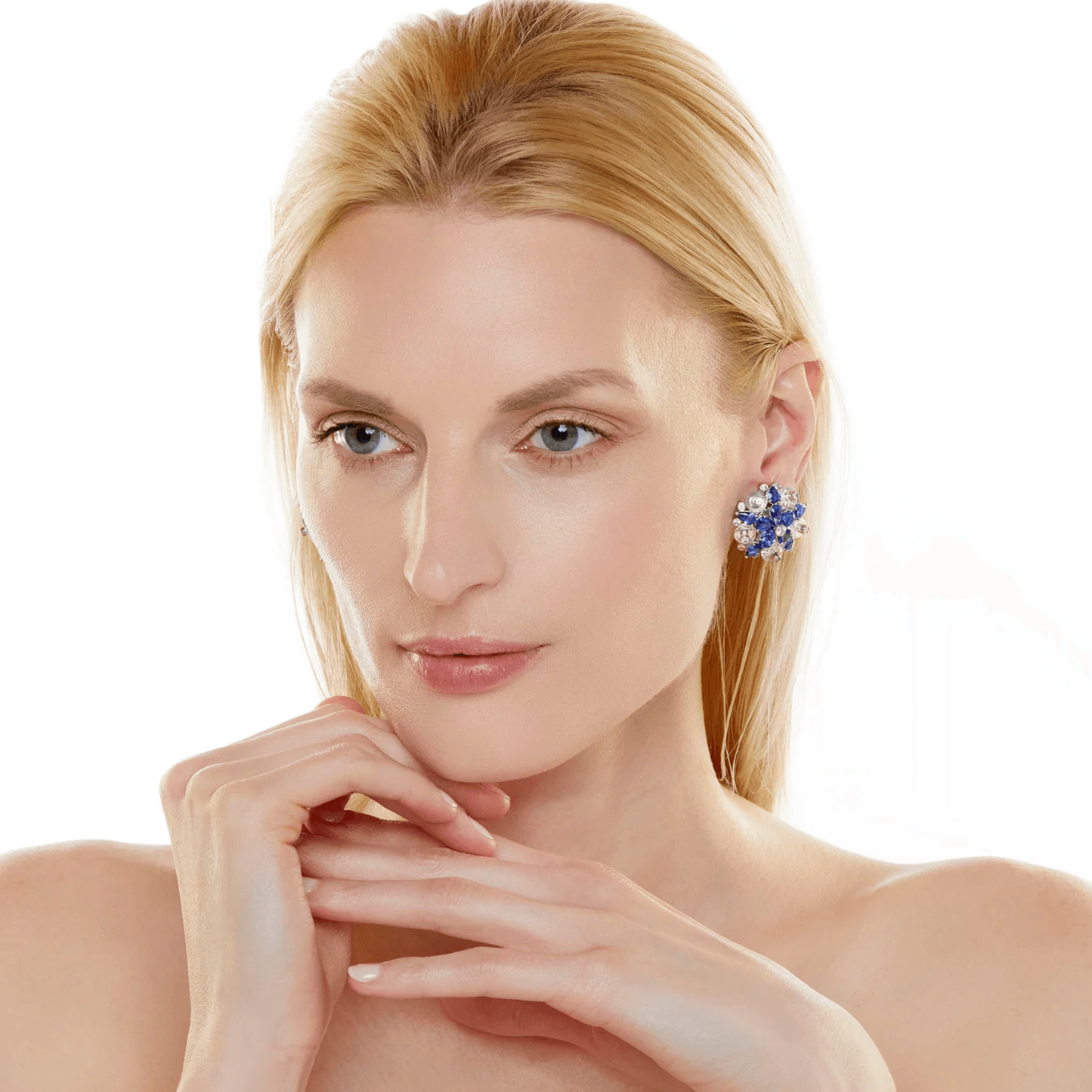 Aletto Bros Post-1980s Platinum Sapphire, Diamond & Rock Crystal Earrings on ear