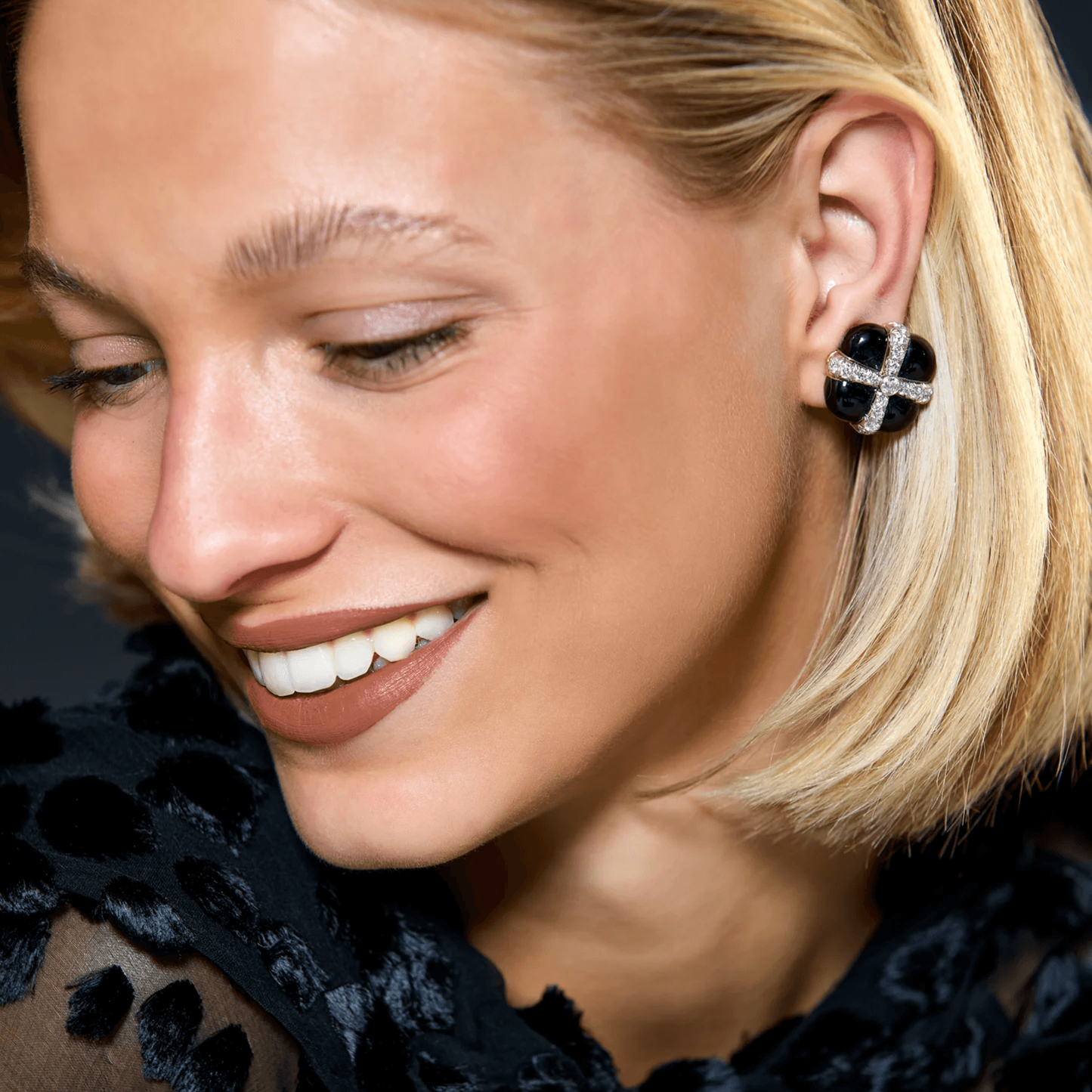 David Webb 1980s Platinum & 18KT Yellow Gold Enamel & Diamond Earrings on ear