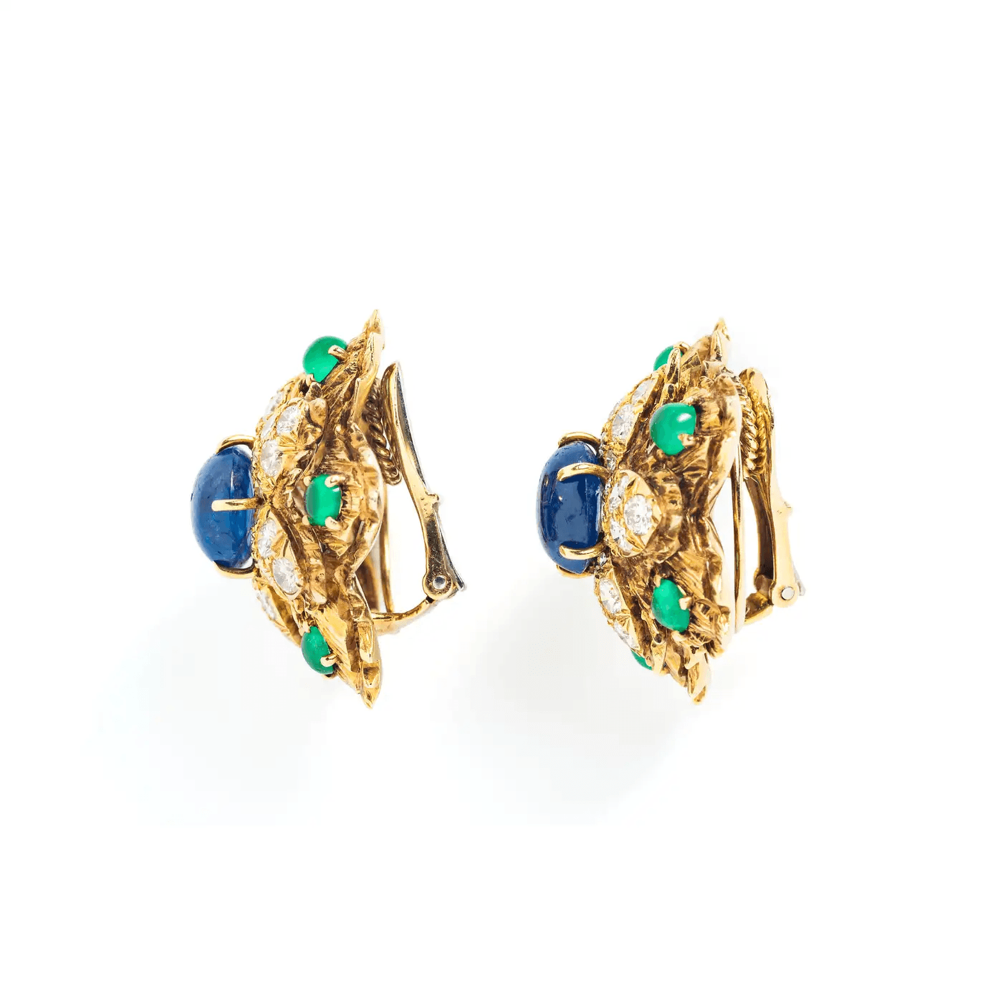 David Webb 1970s 18KT Yellow Gold Sapphire, Diamond & Emerald Earrings side