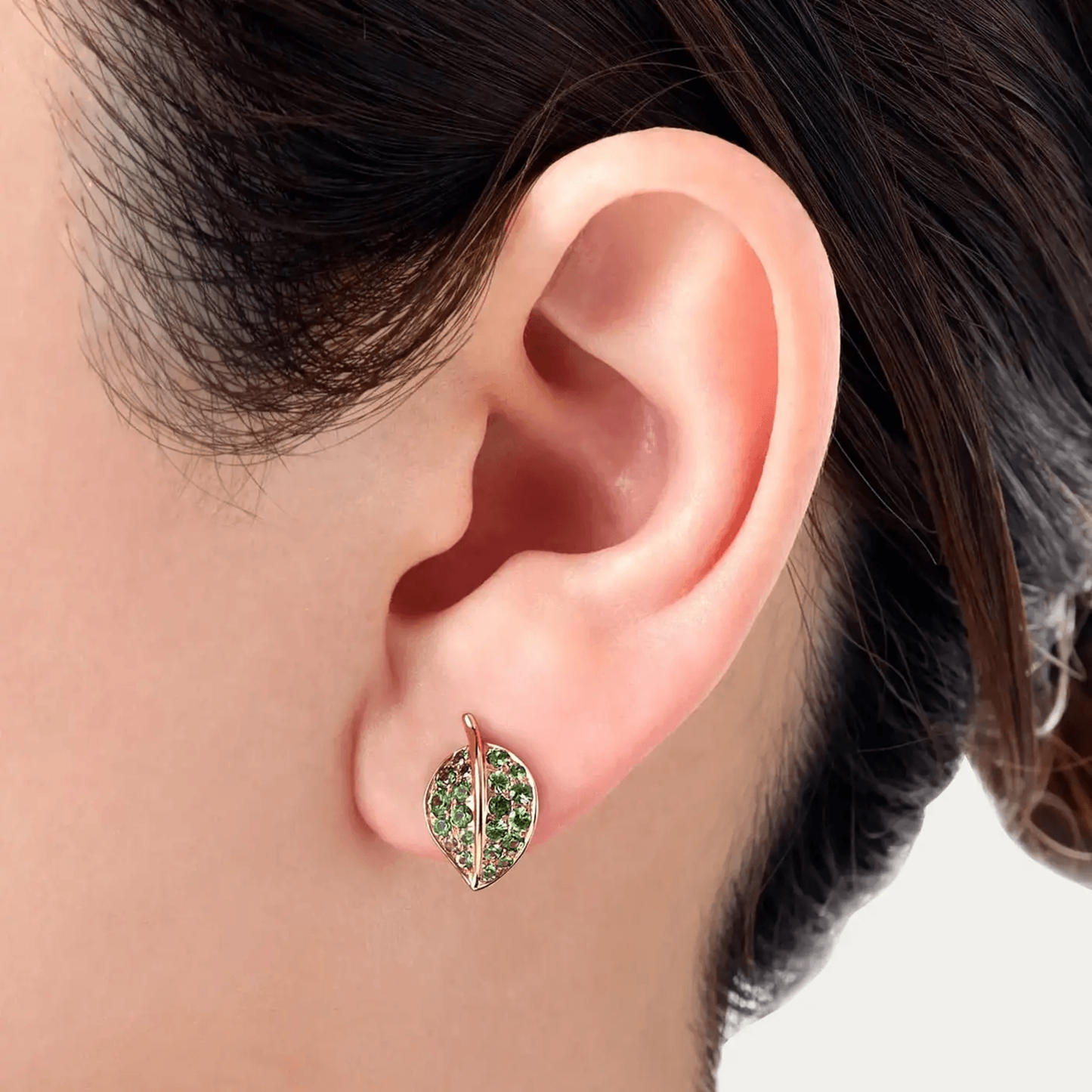 Mio Harutaka Japan Post-1980s 18KT Rose Gold Garnet Leaf Earrings on ear