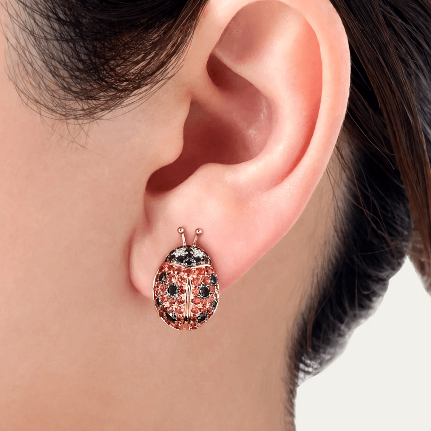 Mio Harutaka Japan Post-1980s 18KT Yellow Gold Sapphire & Diamond Ladybug Earrings on ear