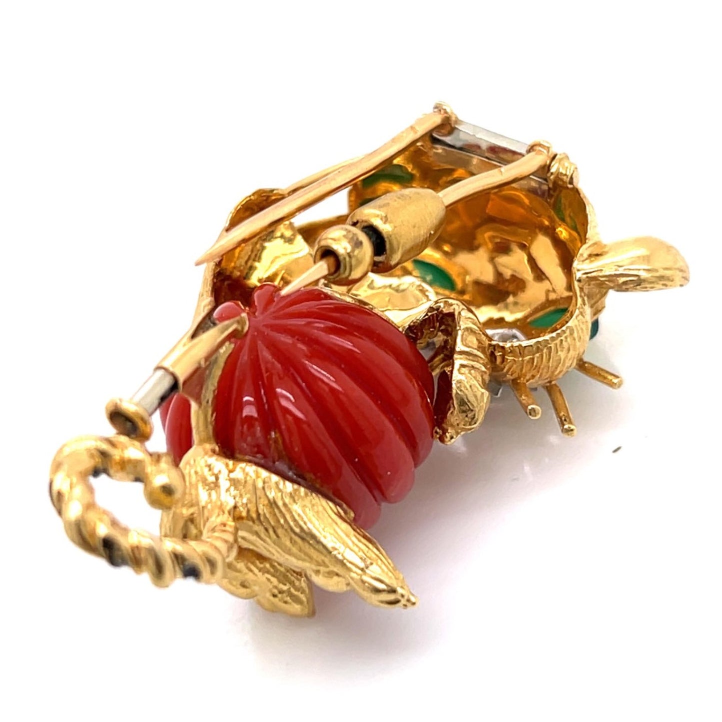 18KT Yellow Gold Coral, Diamond, Emerald & Enamel Cat Brooch back