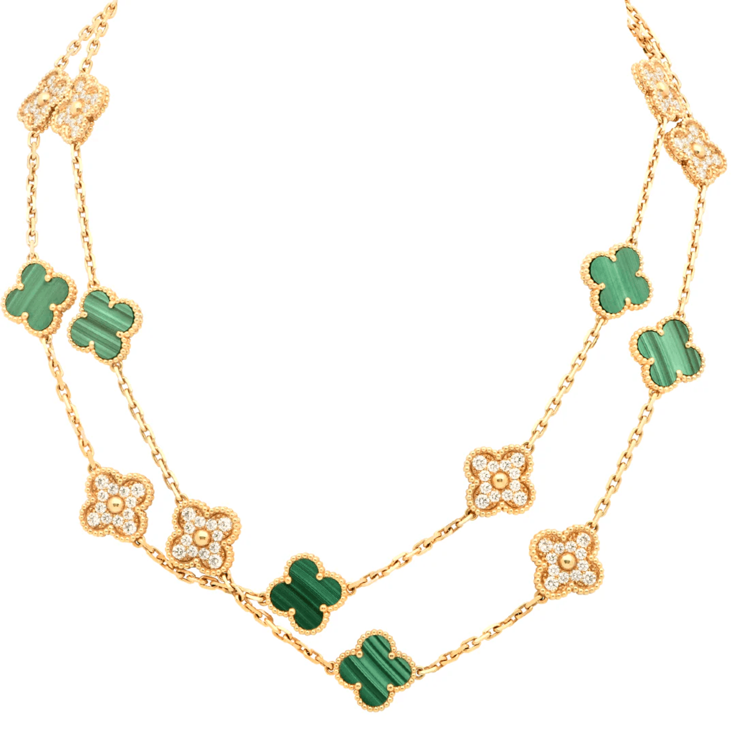 Van Cleef & Arpels Post-1980s 18KT Yellow Gold Malachite & Diamond Alhambra Necklace front
