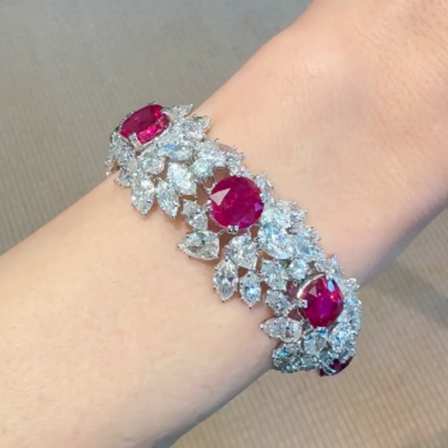 Harry Winston 1970s Platinum Ruby & Diamond Bracelet on wrist
