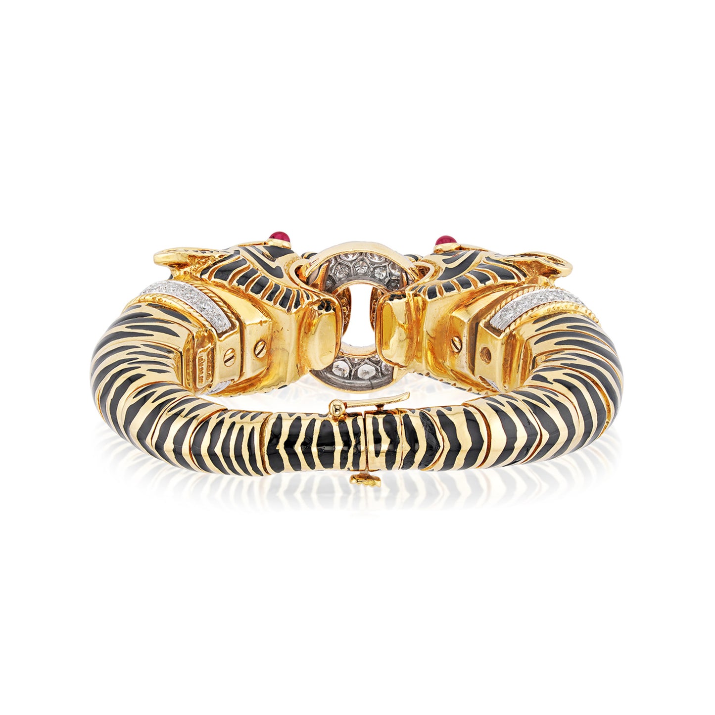 David Webb Post-1980s Platinum & 18KT Yellow Gold Diamond & Enamel Tiger Bracelet bottom