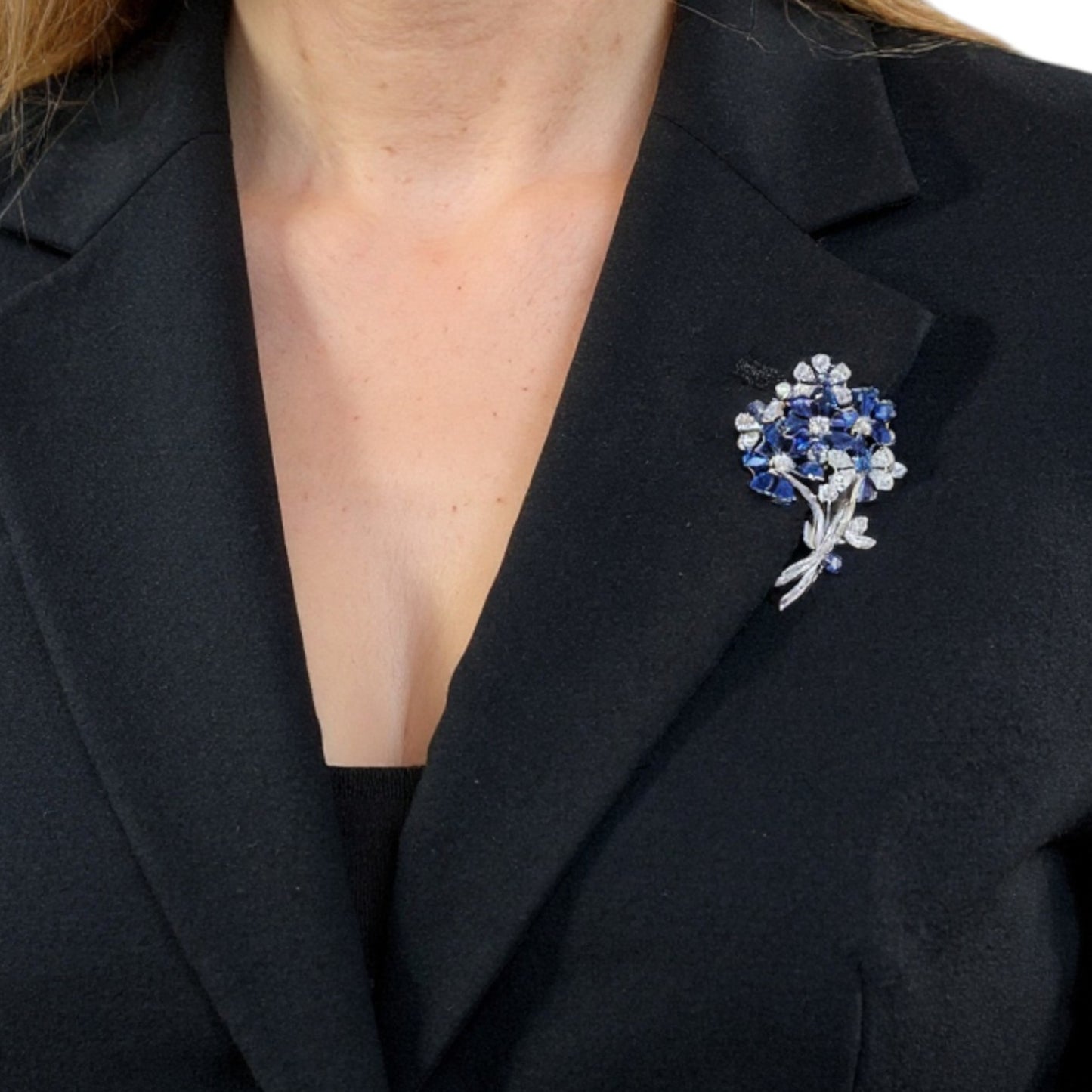 Oscar Heyman Bros. 1950s Platinum Sapphire & Diamond Brooch on blazer