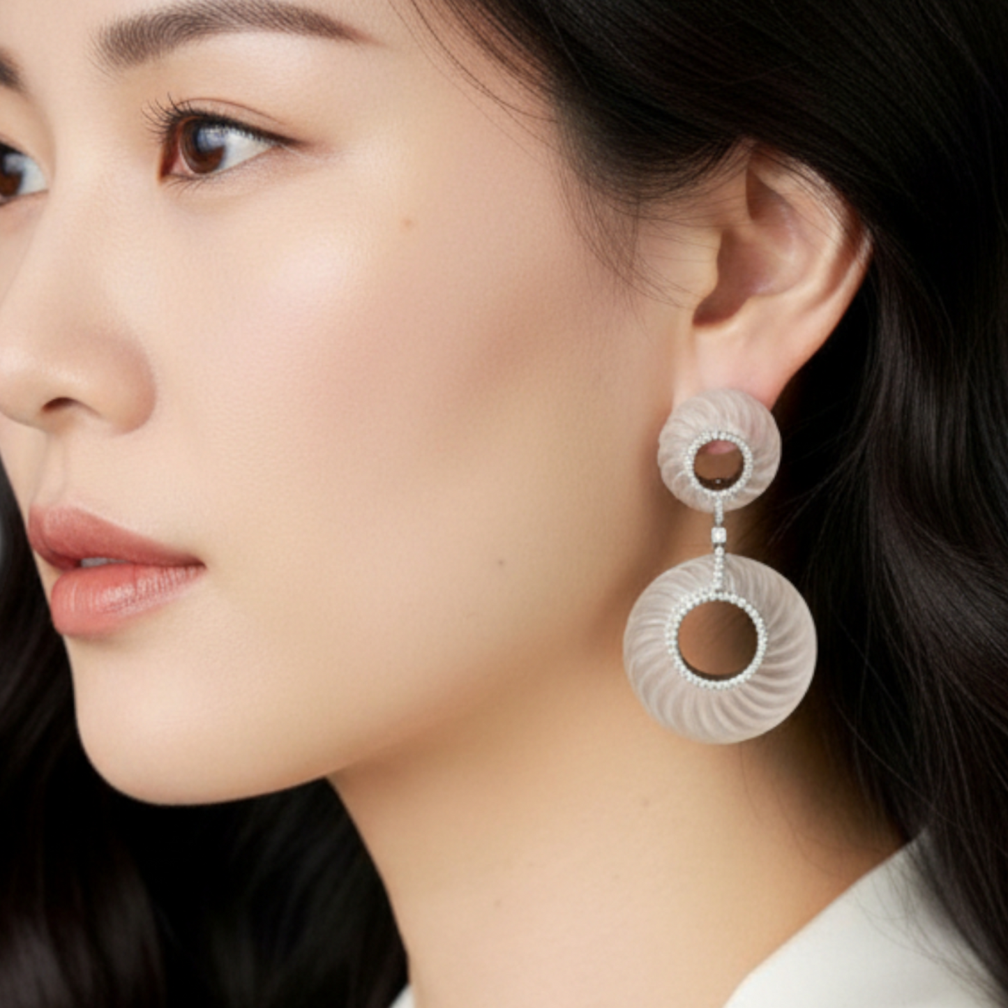 1970s 14KT White Gold Rock Crystal & Diamond Earrings on ear