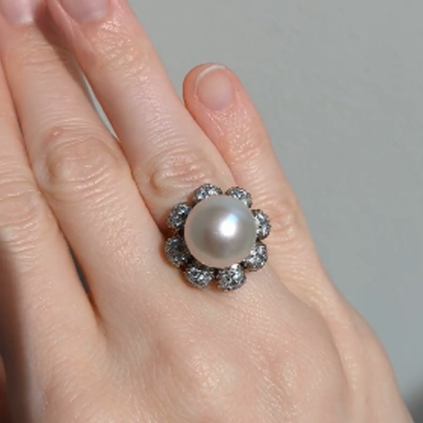 Buccellati Italy Post-1980s 18KT White & Yellow Gold Cultured Pearl & Diamond Ring on finger