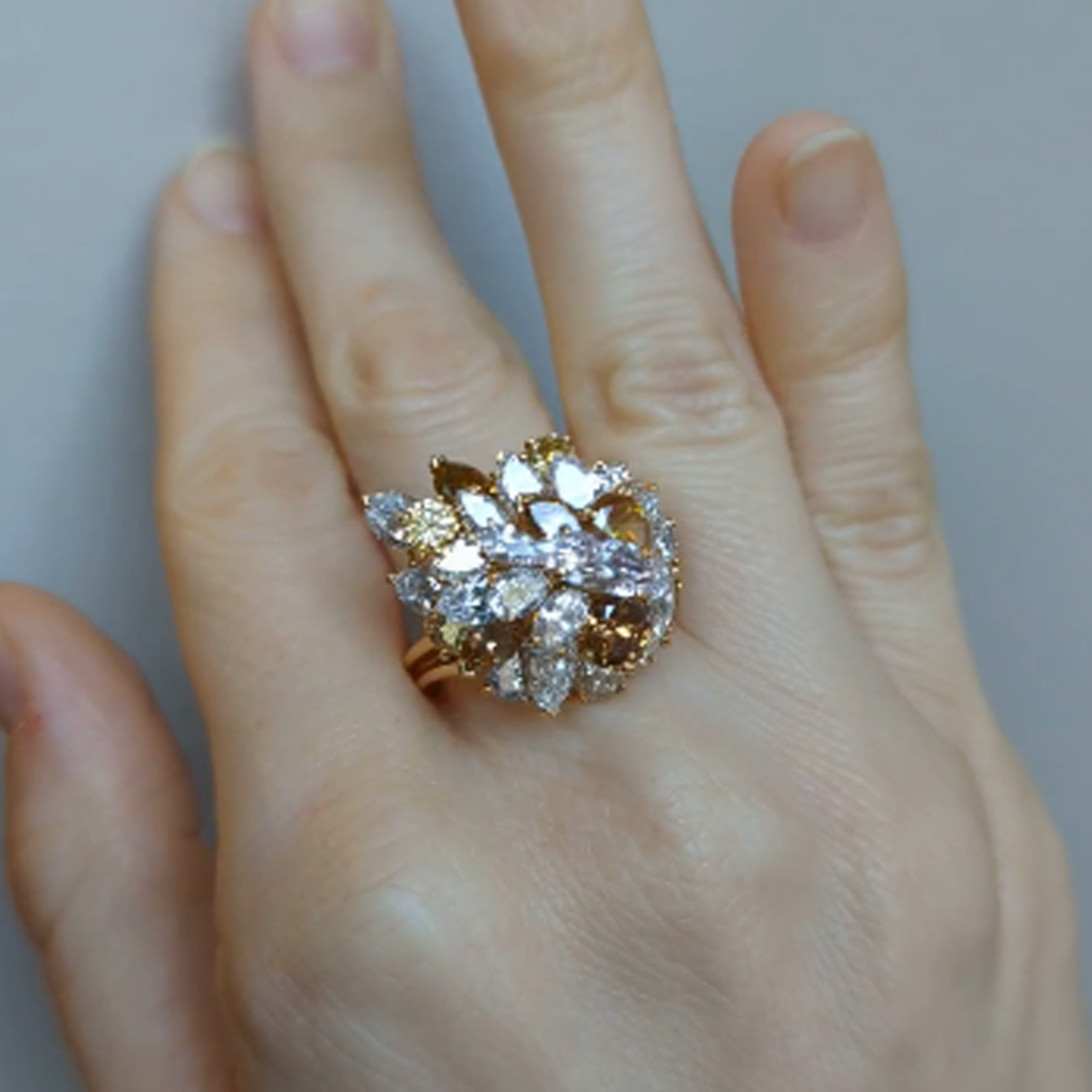 Oscar Heyman Bros. 1970s 18KT Yellow Gold Diamond Ring on finger