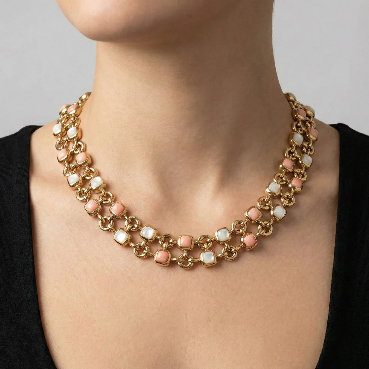 Van Cleef & Arpels 1950s 18KT Yellow Gold Coral & Mother of Pearl Necklace on neck