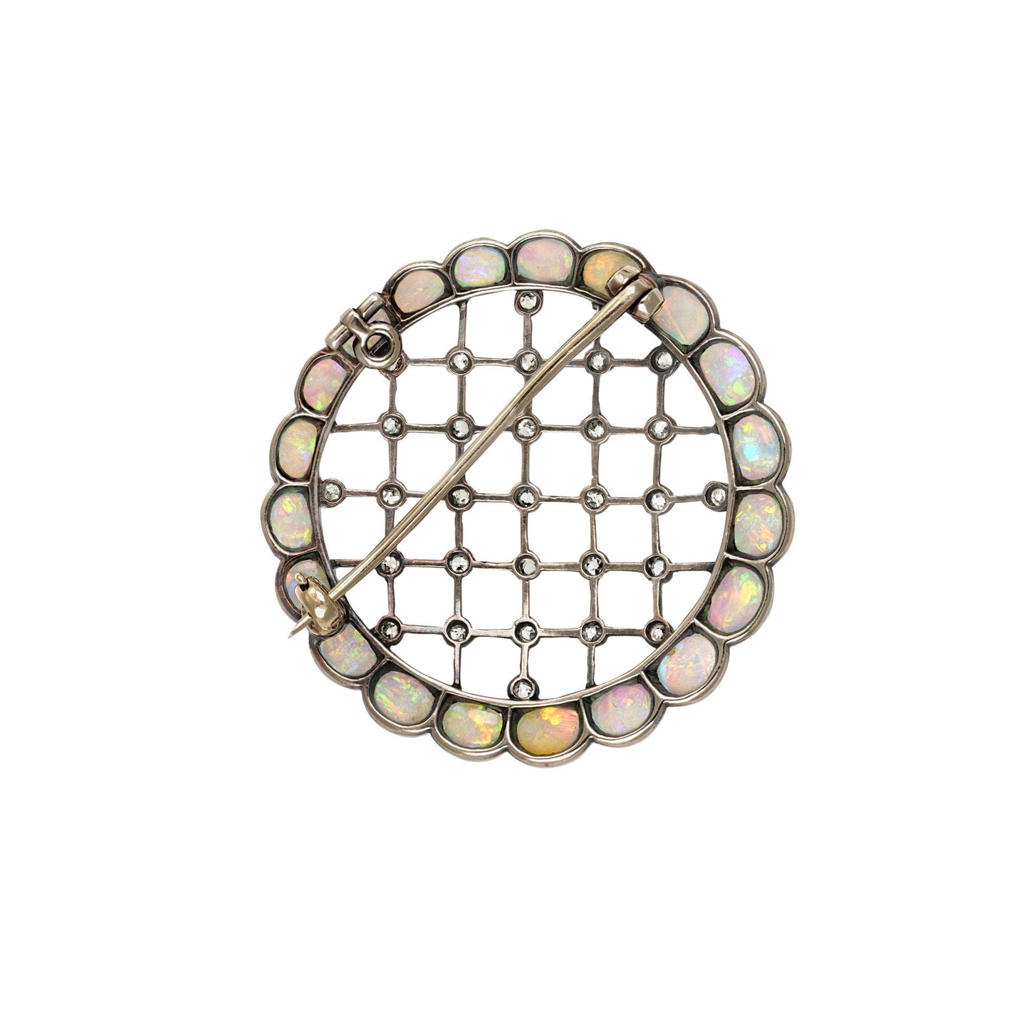 Victorian Silver & 18KT Rose Gold Opal & Diamond Brooch back