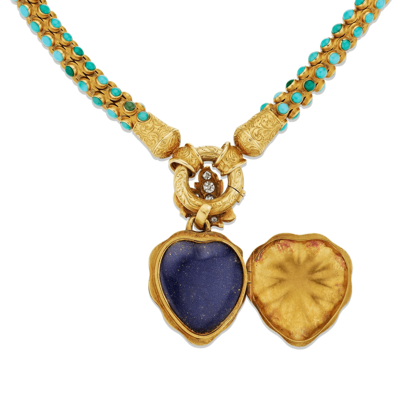 Victorian 15KT Yellow Gold Turquoise, Diamond & Enamel Heart Locket Necklace locket