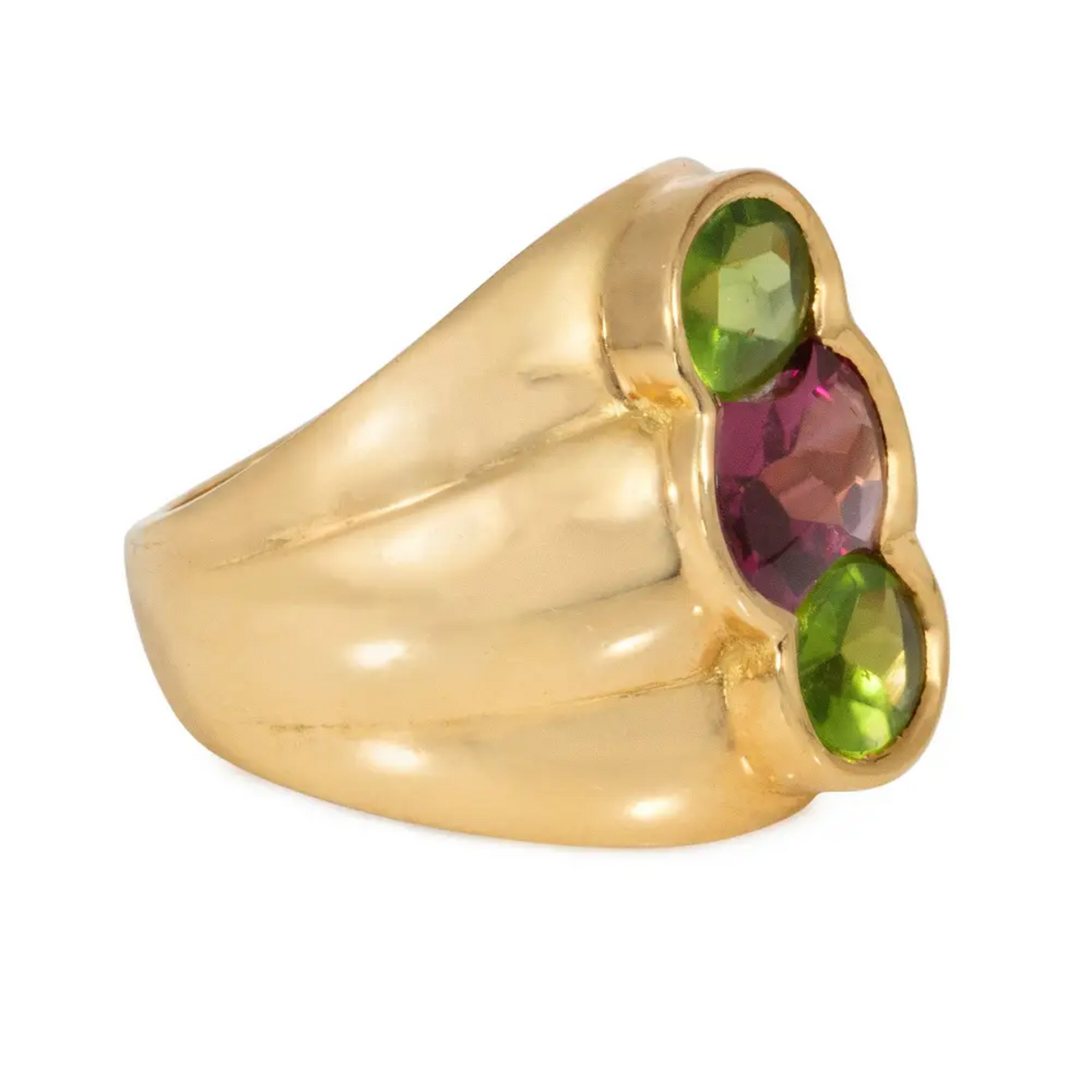 French 1980s 18KT Yellow Gold Amethyst & Peridot Ring side
