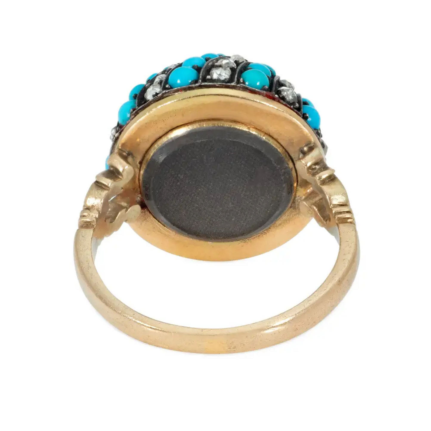 Victorian Silver & 14KT Yellow Gold Turquoise & Diamond Ring back