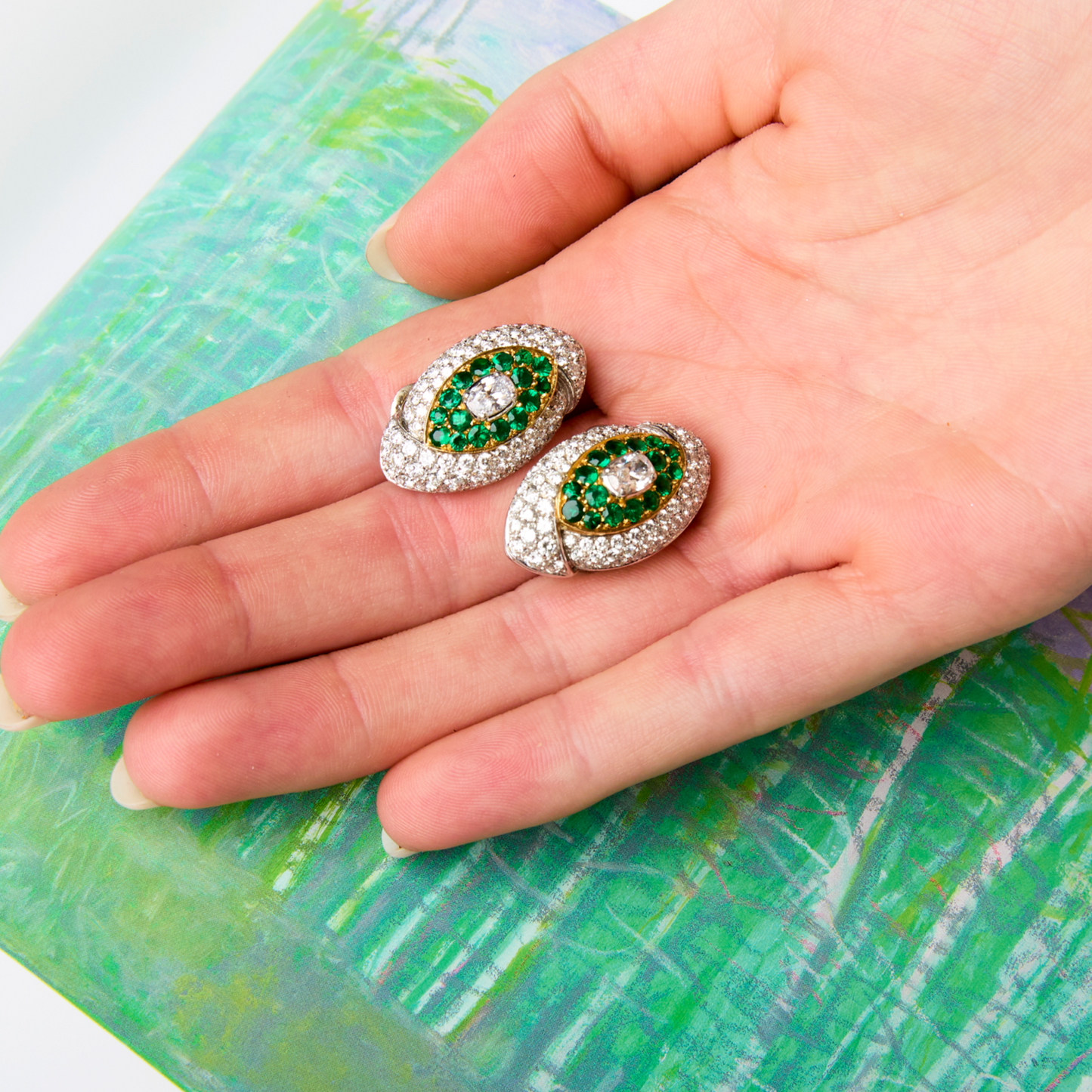 Fred Paris 1970s 18KT Yellow Gold Emerald & Diamond Earrings front