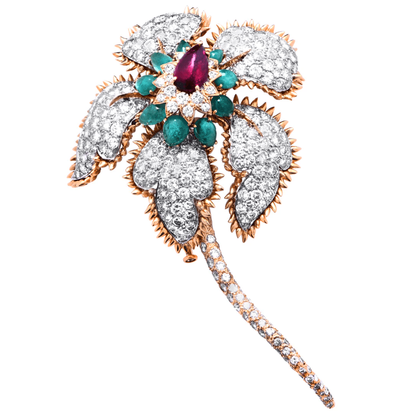 David Webb Post-1980s 18KT Yellow Gold Diamond, Emerald & Ruby Flower Brooch front