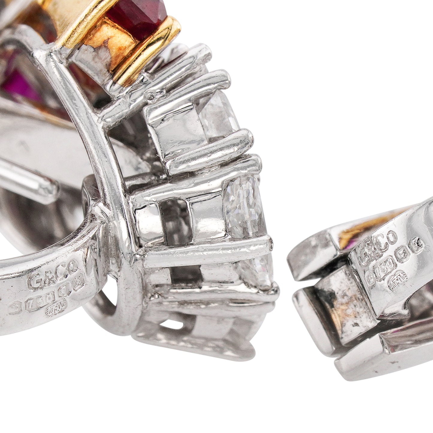 1950s Garrard & Co. Platinum & 18KT Yellow Gold Ruby & Diamond Earrings signature