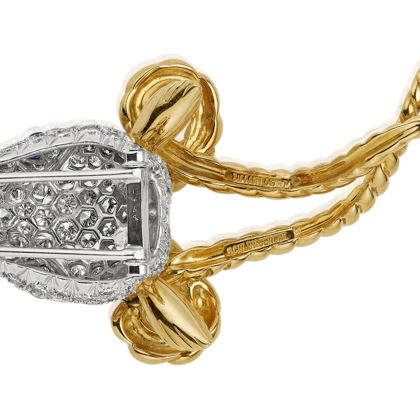 Tiffany & Co. 1970s Platinum & 18KT Yellow Gold Diamond, Emerald & Sapphire Gazelle Brooch signature