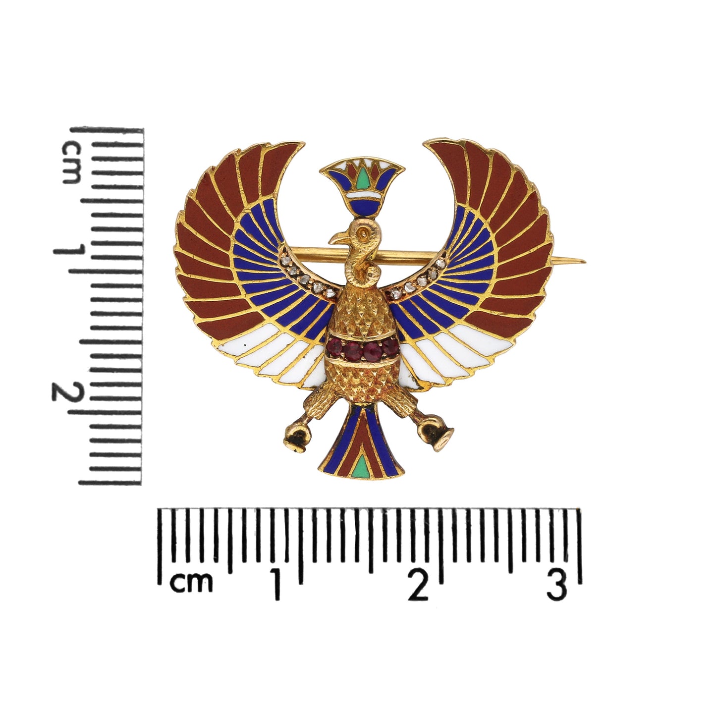 Egyptian Revival 18KT Yellow Gold Ruby, Diamond & Enamel Phoenix Brooch front