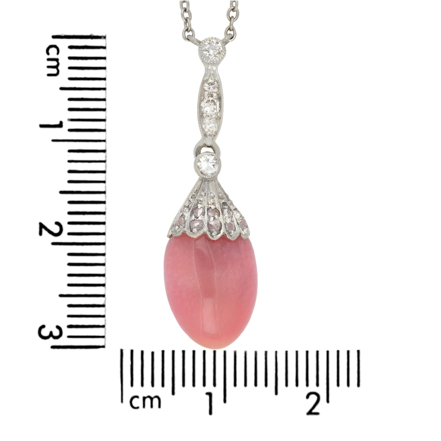 Edwardian Platinum & 18KT Yellow Gold Conch Pearl & Diamond Necklace measurements