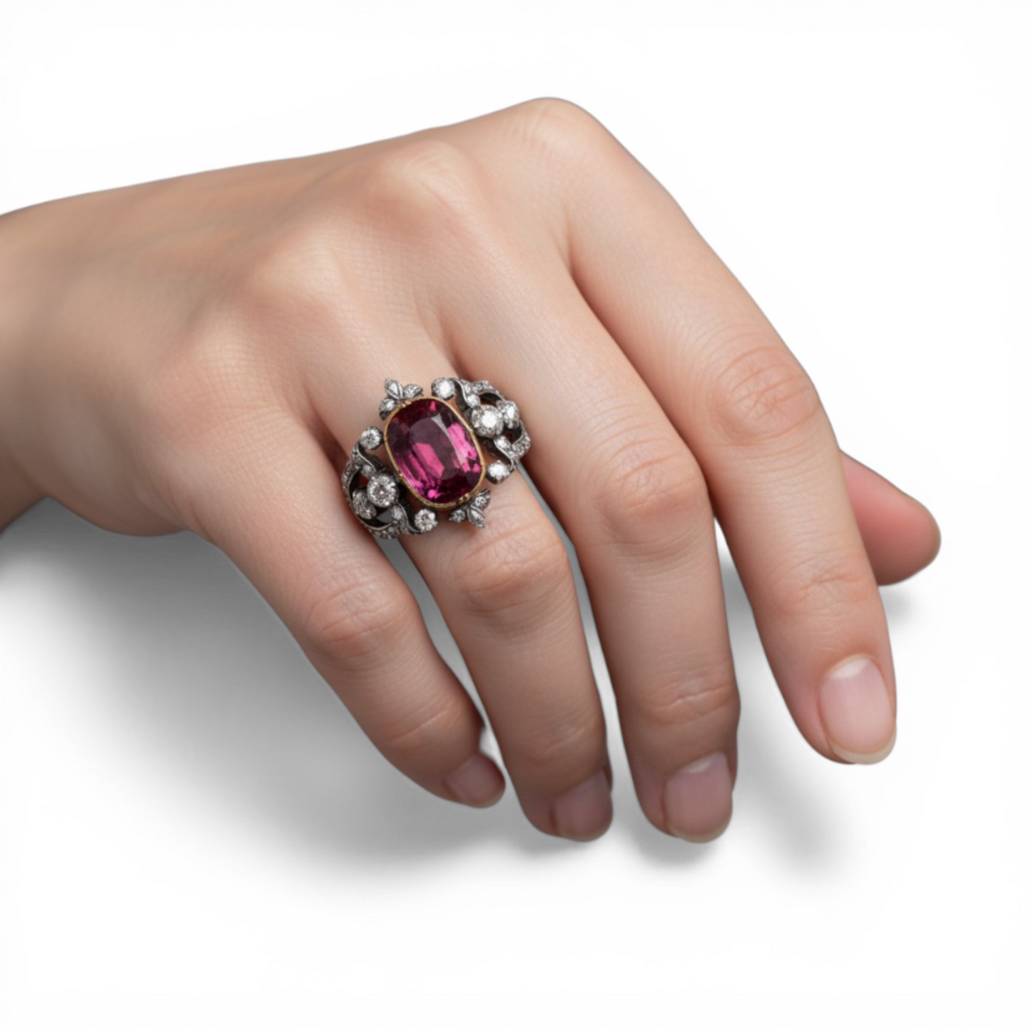 Antique Silver & 18KT Yellow Gold Tourmaline & Diamond Ring on finger