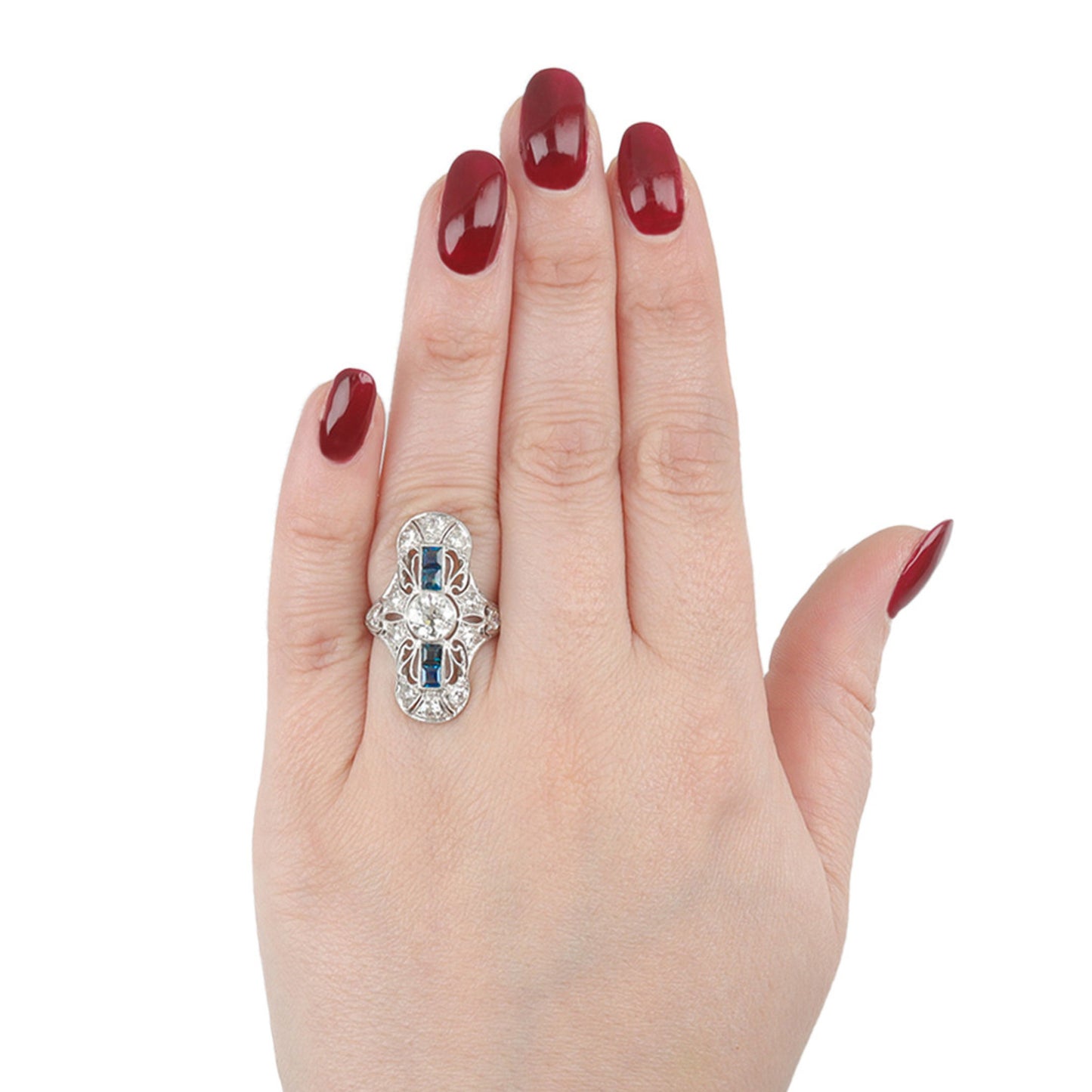 Art Deco Platinum Diamond & Sapphire Ring on finger
