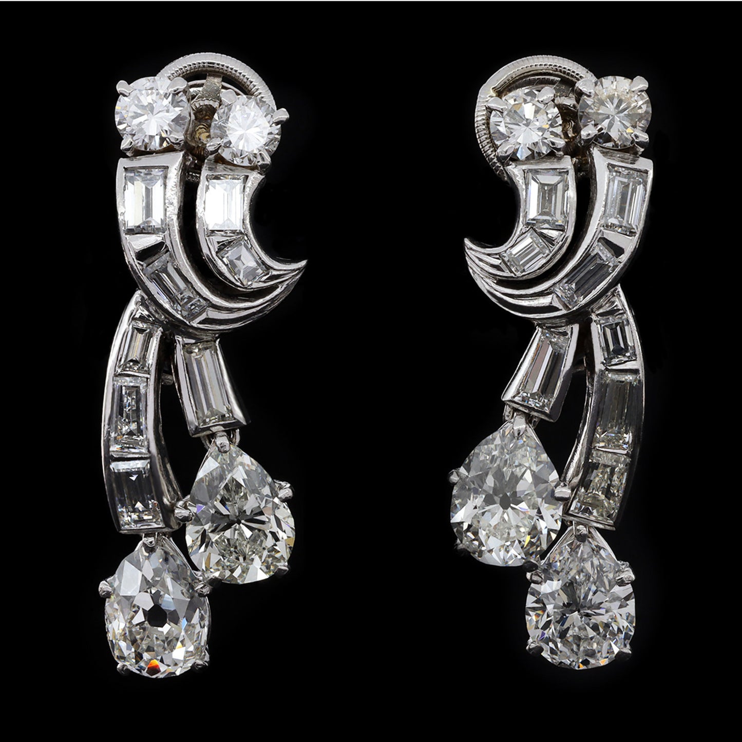 Boucheron London 1950s Platinum & 18KT White Gold Diamond Earrings front
