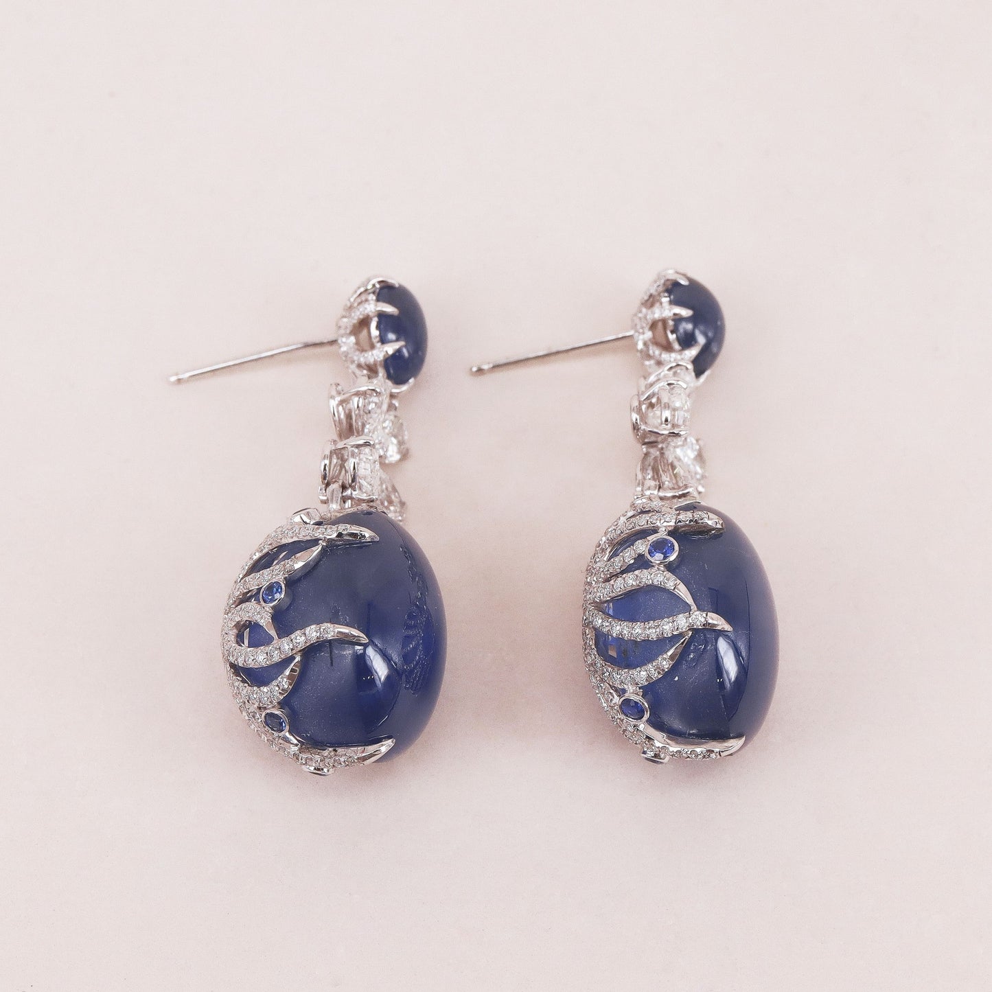 Contemporary 18KT White Gold Star Sapphire & Diamond Earrings side