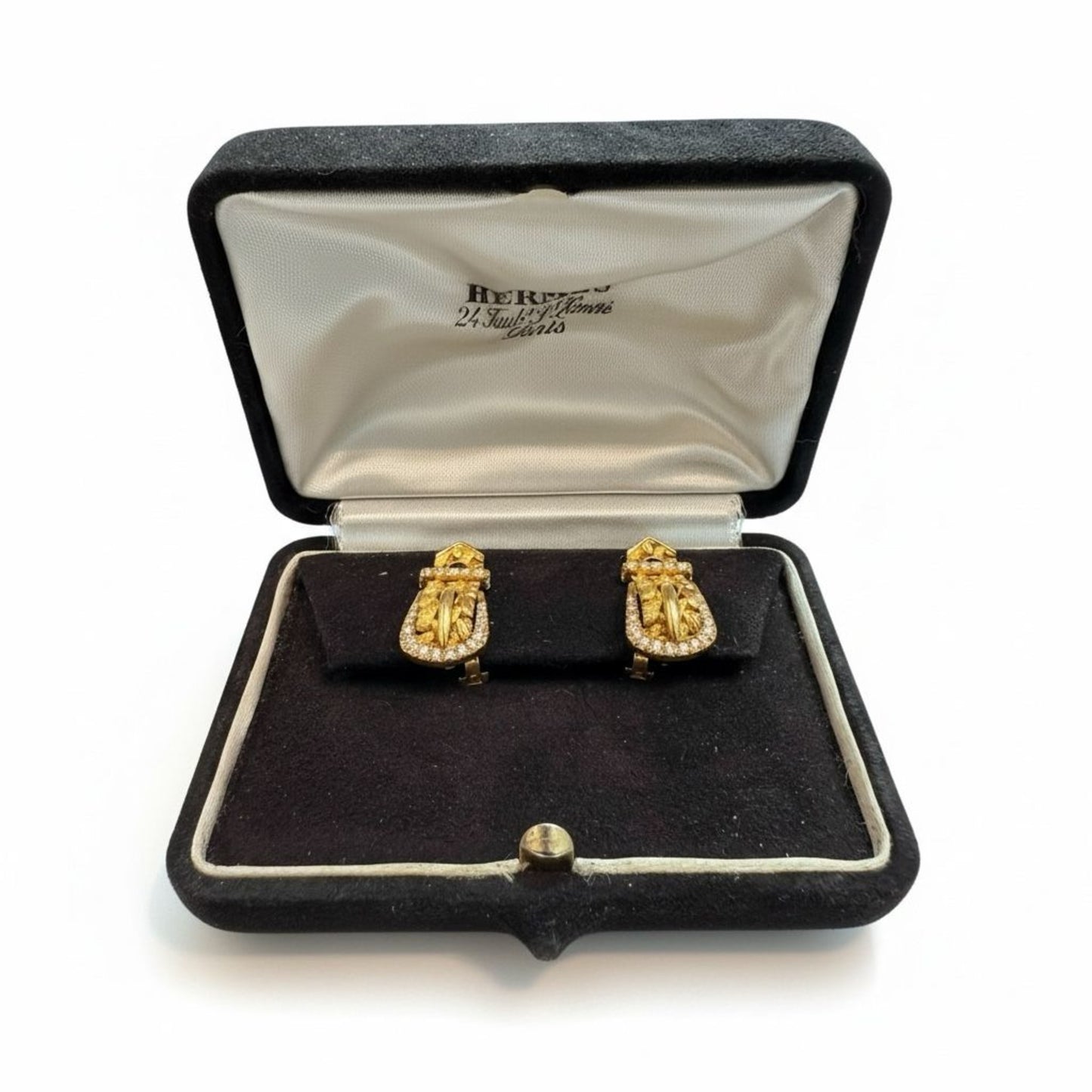 Hermes Paris 1980s 18KT Yellow Gold Diamond Buckle Earrings in box