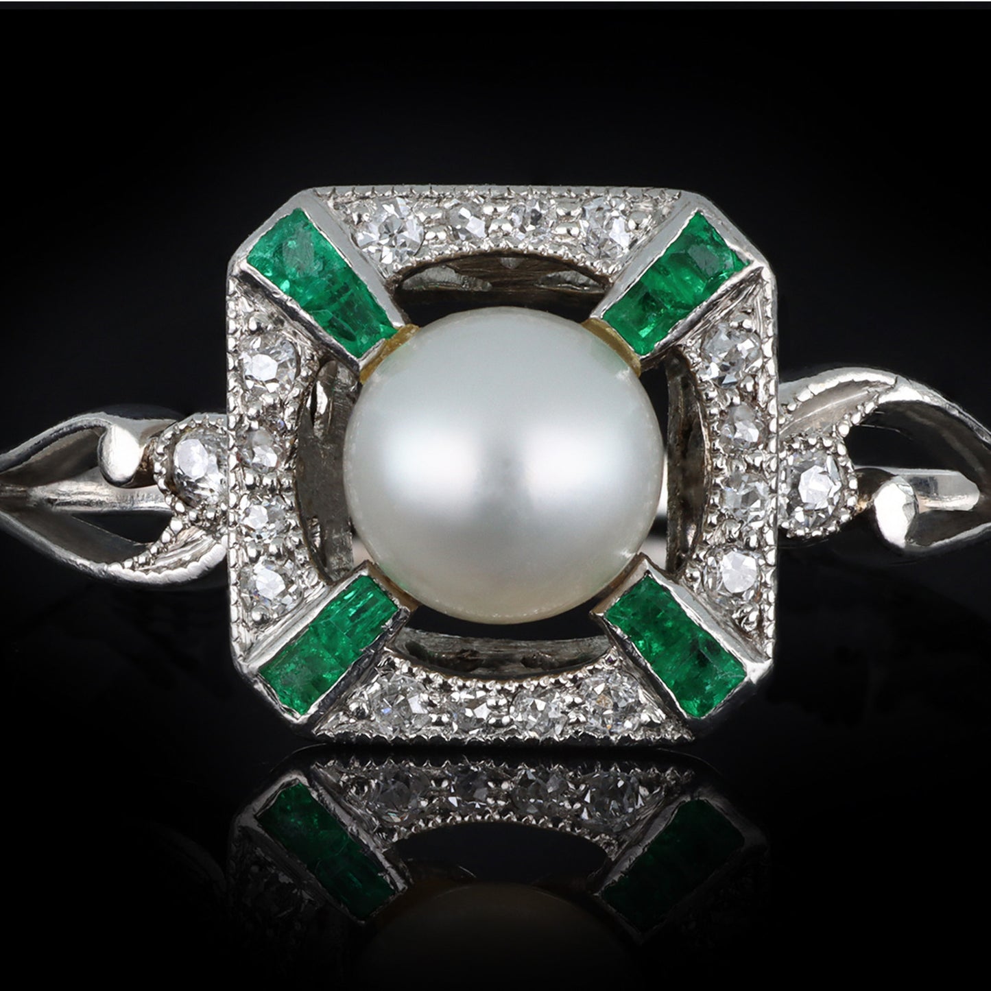 Edwardian Platinum Natural Pearl, Diamond & Emerald Ring front