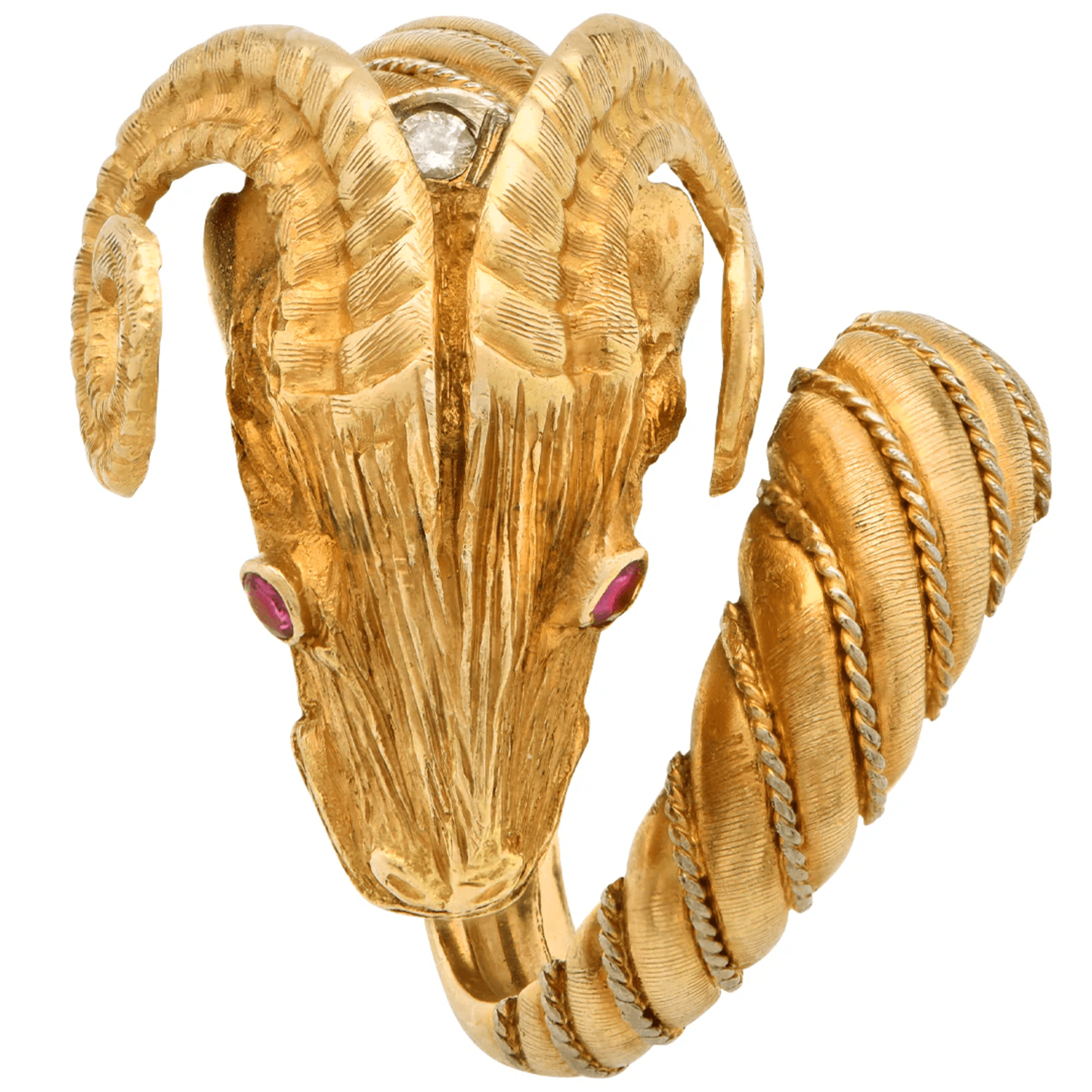 Post-1980s 18KT Yellow Gold Diamond & Ruby Ram Ring front