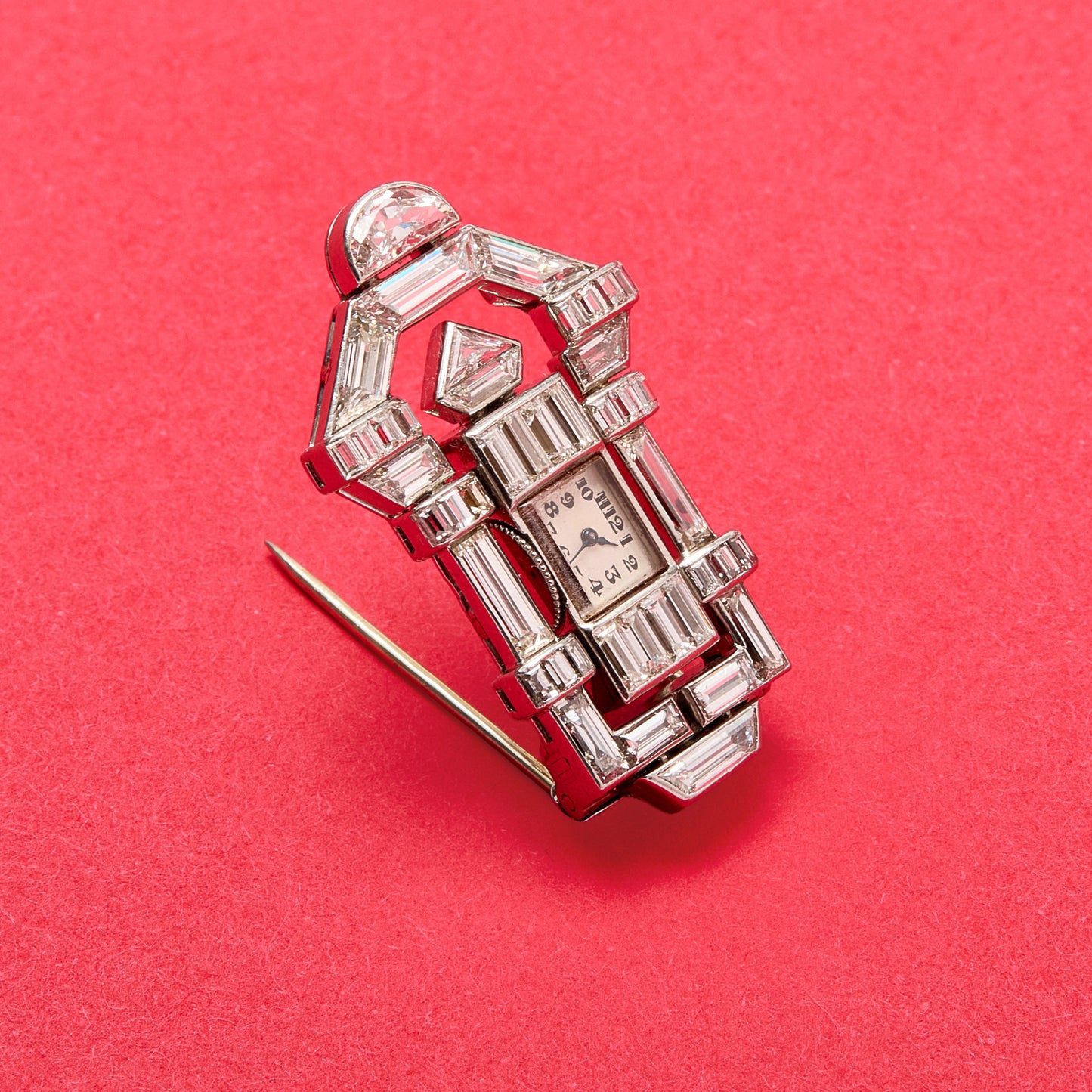 Lacloche Freres Paris Art Deco Platinum Diamond Watch Brooch front