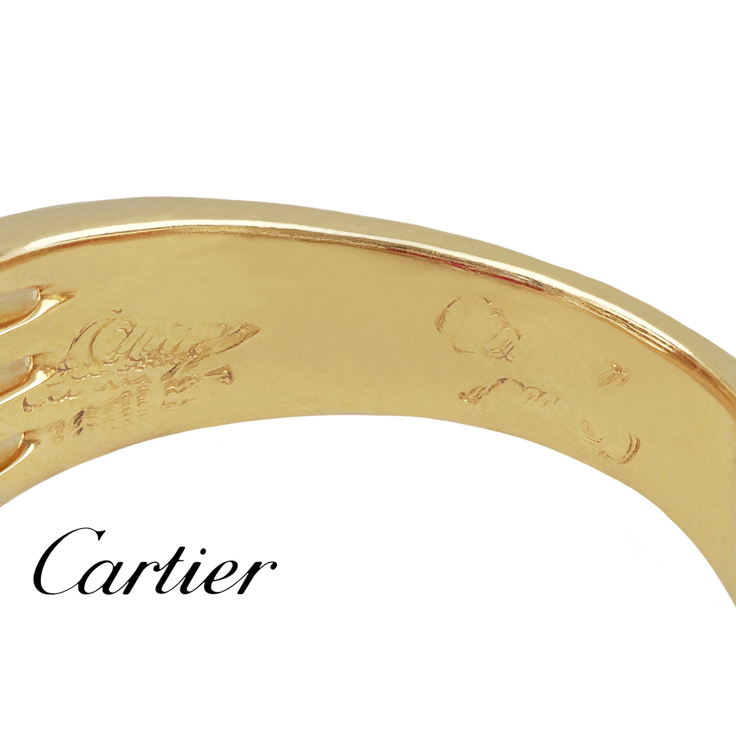 Cartier 1970s Platinum & 18KT Yellow Gold Diamond, Ruby & Sapphire Ring signature