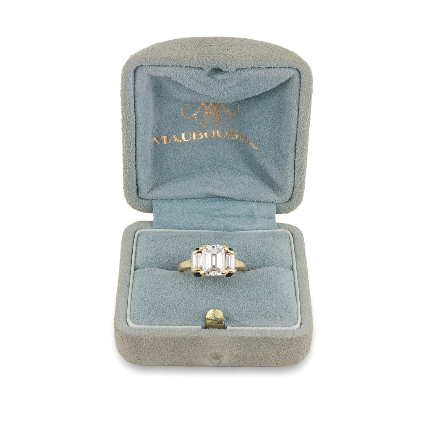 Mauboussin French Post-1980s 18KT Yellow Gold Diamond & Sapphire Ring in box