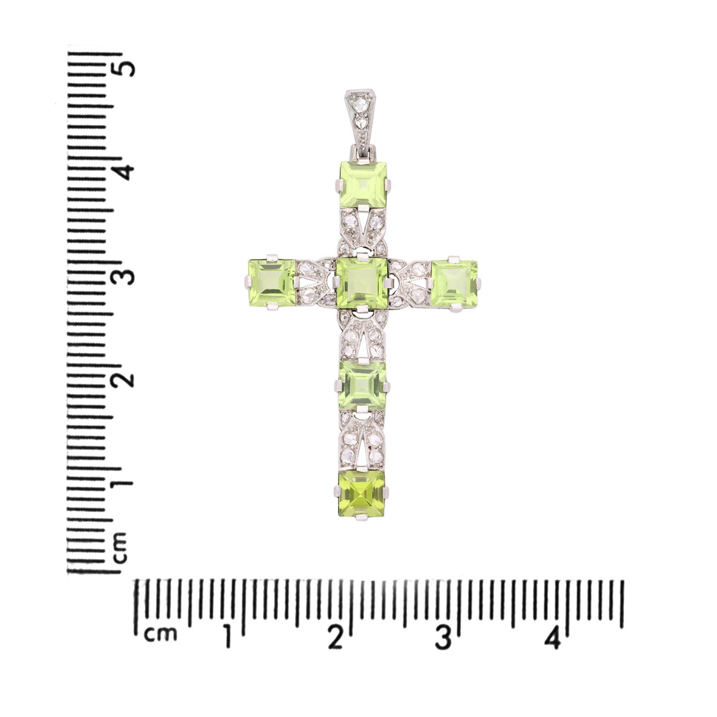 Art Deco Platinum & 18KT White Gold Peridot & Diamond Cross Pendant measurement