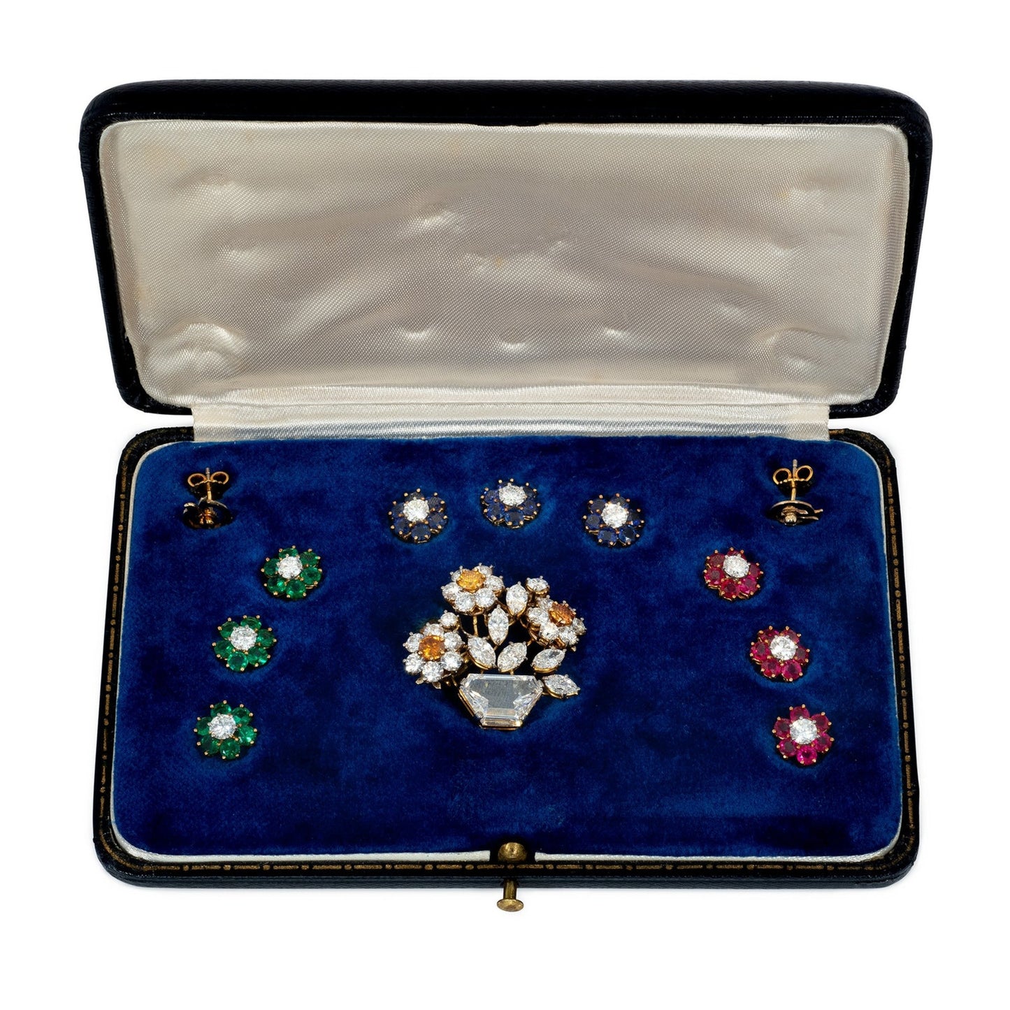 Austrian 1950s 18KT Yellow Gold Diamond, Emerald, Ruby & Sapphire Interchangeable Set in box
