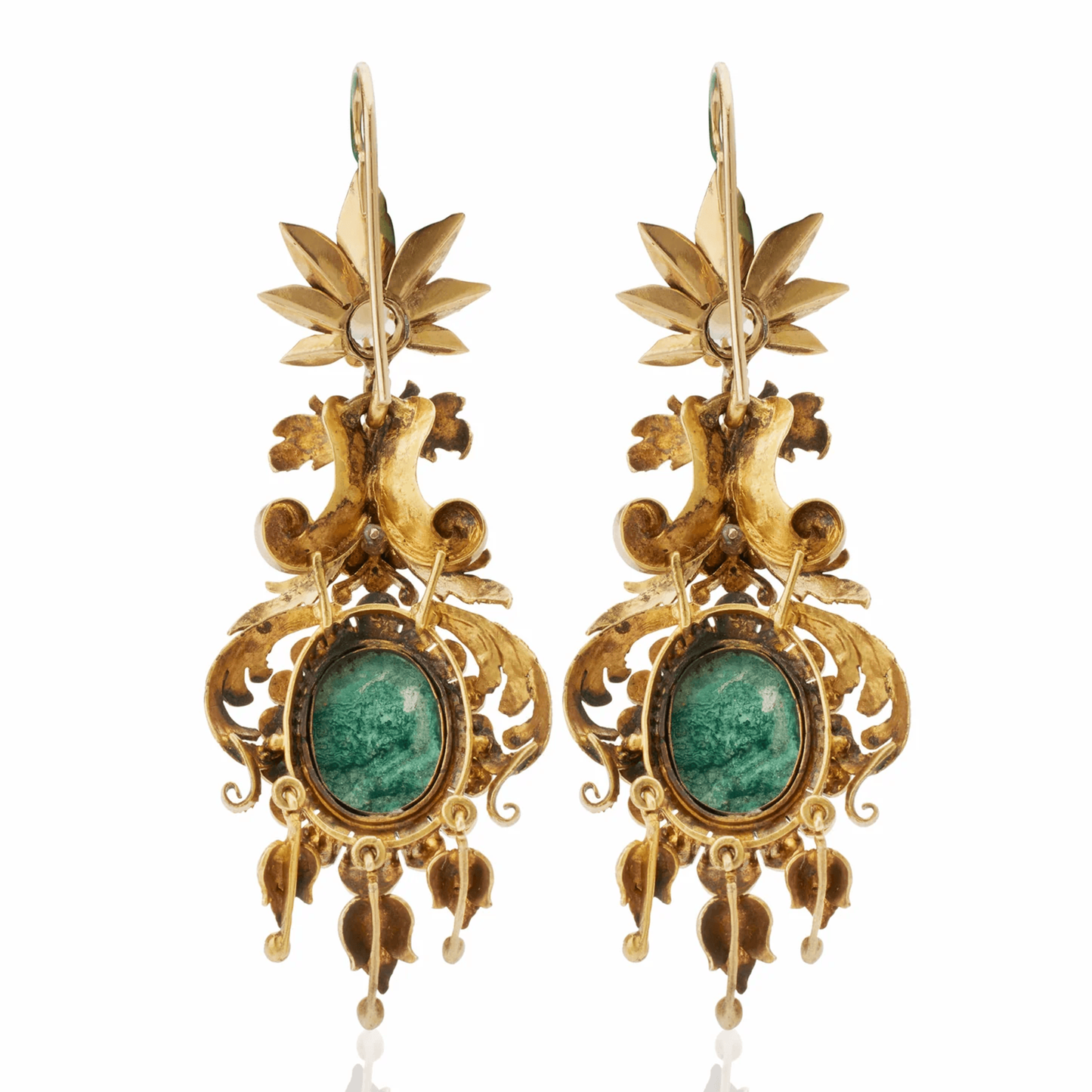 Victorian 18KT Yellow Gold Azurmalachite & Natural Pearl Earrings back