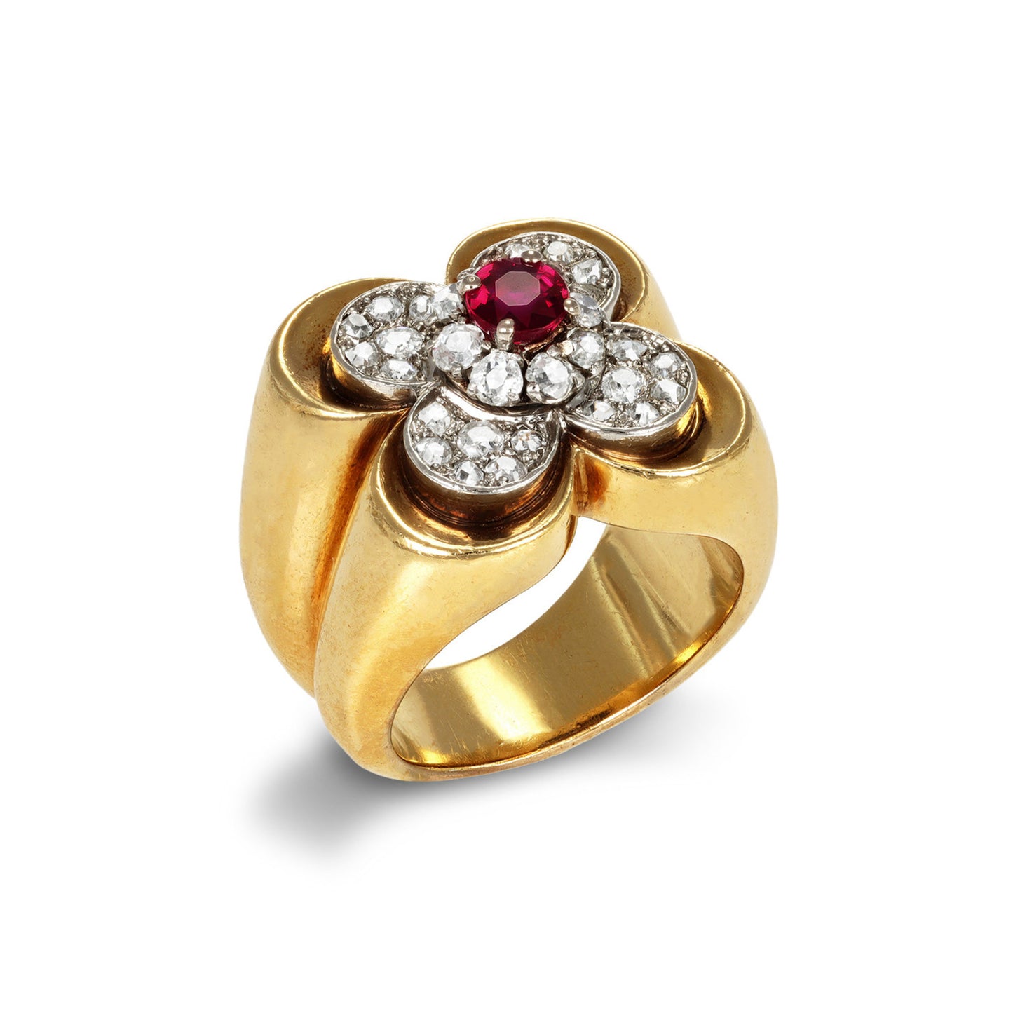 Van Cleef & Arpels French 1940s Platinum & 18KT Yellow Gold Ruby & Diamond Ring side