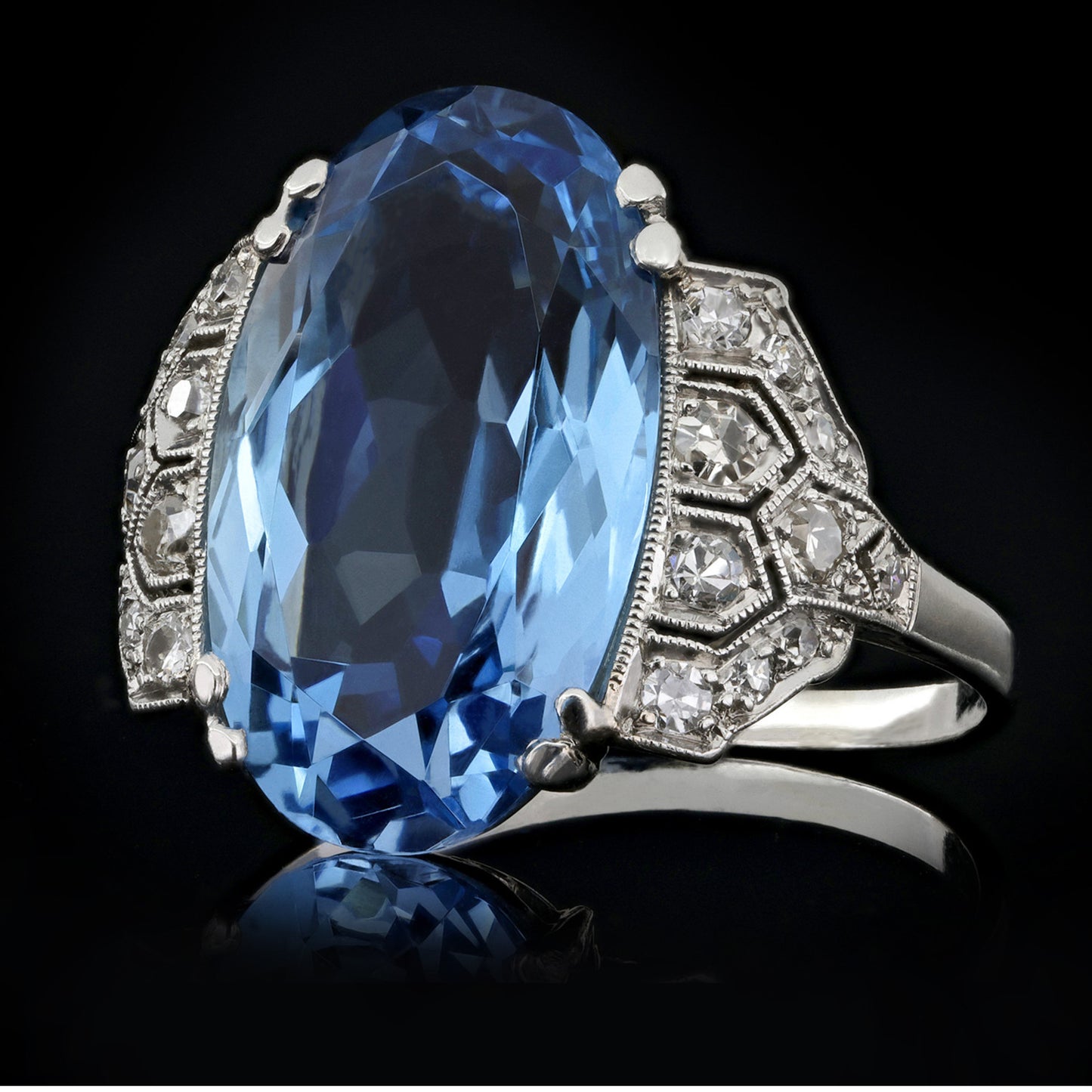 Art Deco Platinum Aquamarine & Diamond Ring side