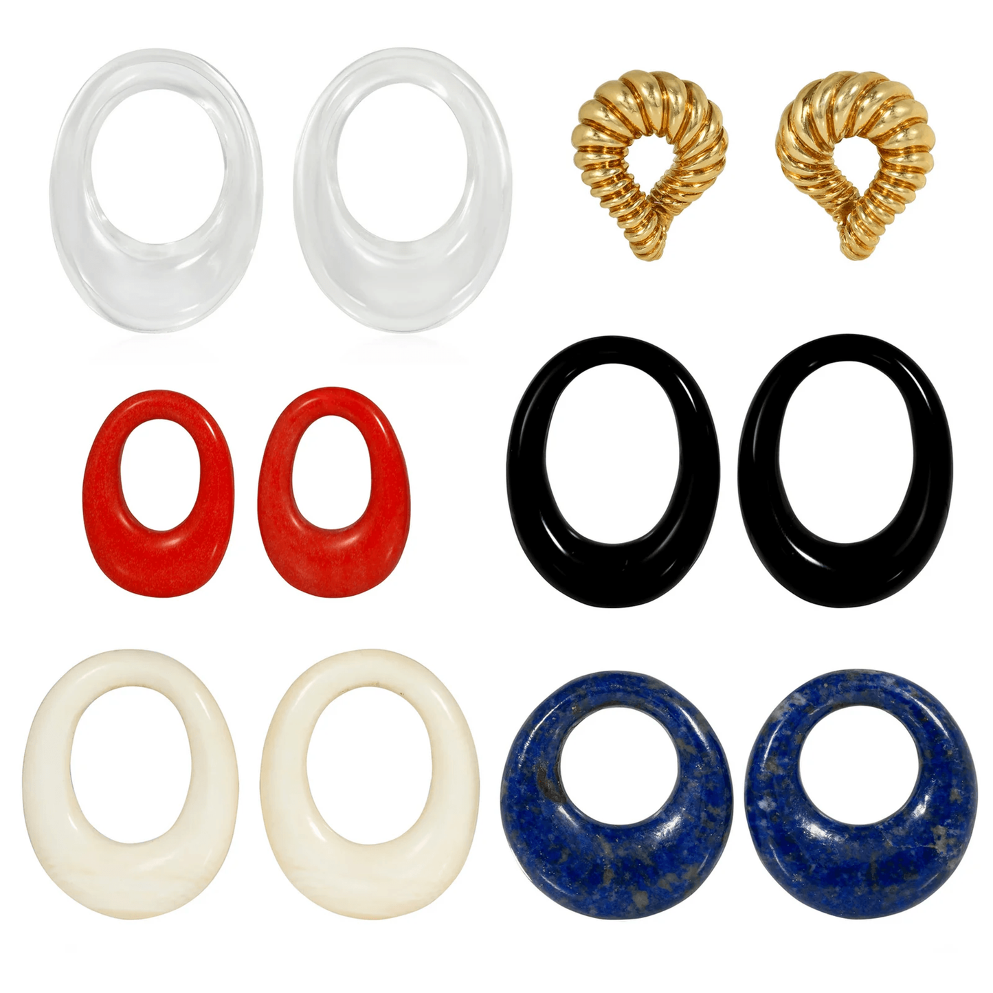 Tiffany & Co. 1970s 18KT Yellow Gold Onyx, Bone, Coral, Lapis Lazuli & Quartz Interchangeable Earrings front