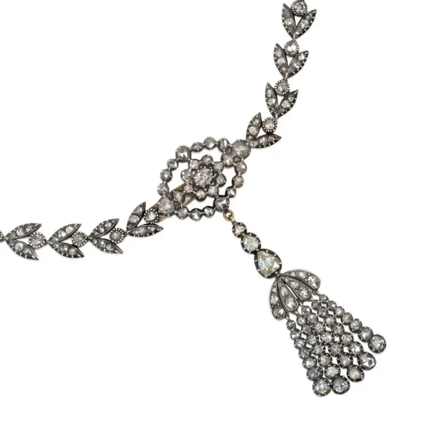 Art Deco Silver & 18KT Yellow Gold Diamond Necklace tassel