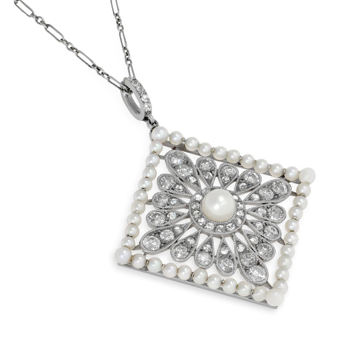 Cartier Edwardian Platinum & Iridium Natural Pearl & Diamond Necklace front