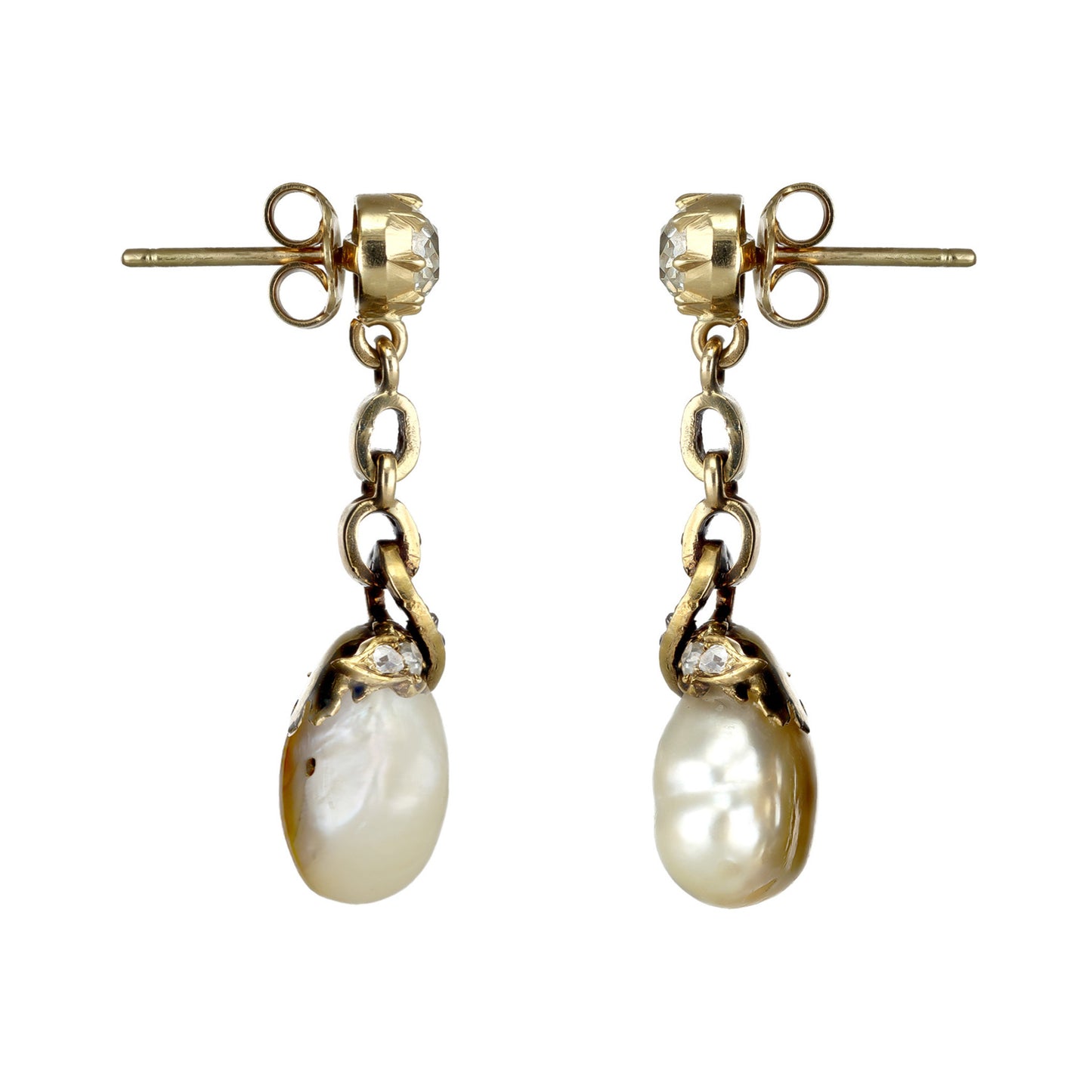 Edwardian 18KT Yellow Gold Natural Pearl & Diamond Earrings side
