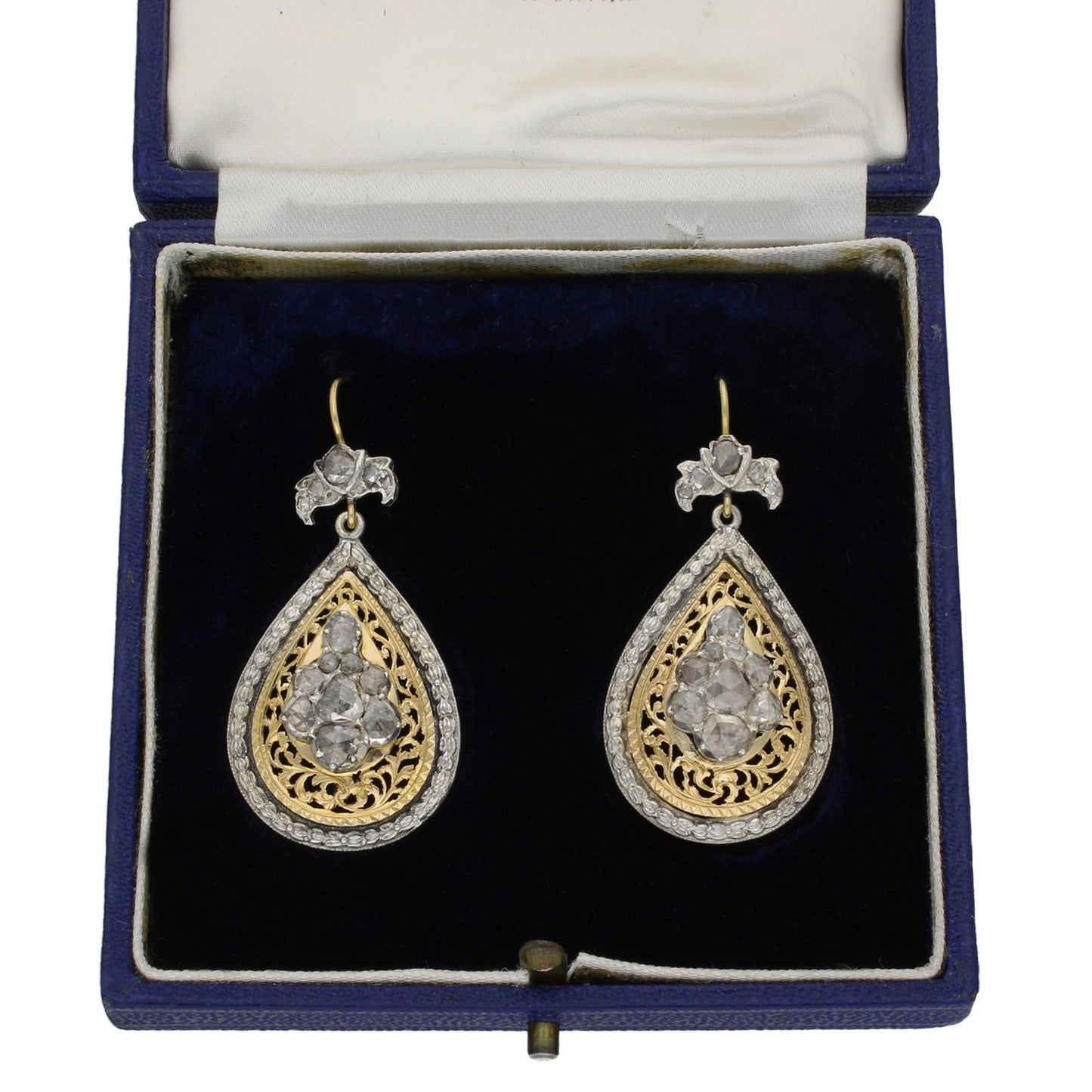 Victorian Silver & 18KT Yellow Gold Diamond Earrings in box
