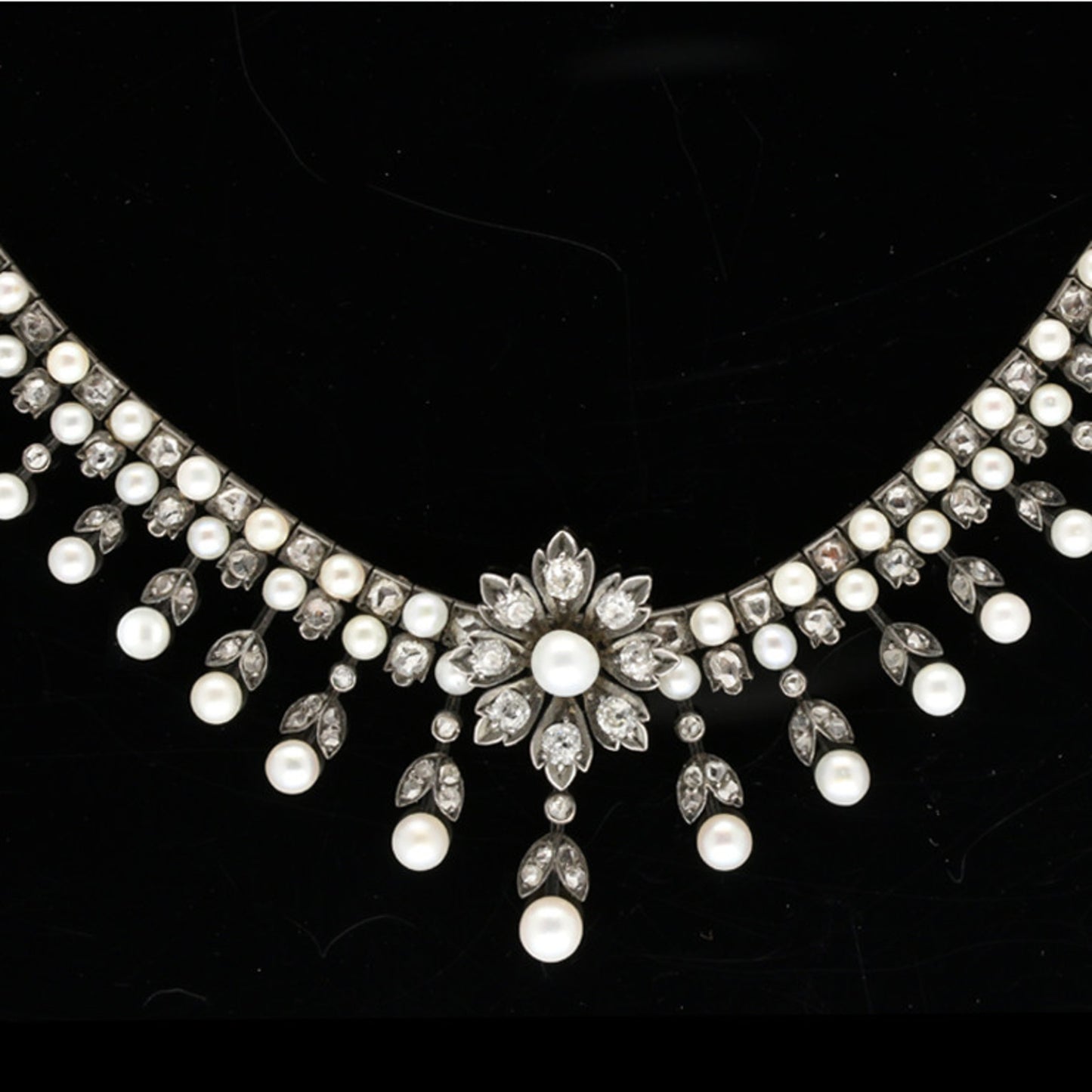 Victorian Silver & 18KT Yellow Gold Natural Pearl & Diamond Necklace front