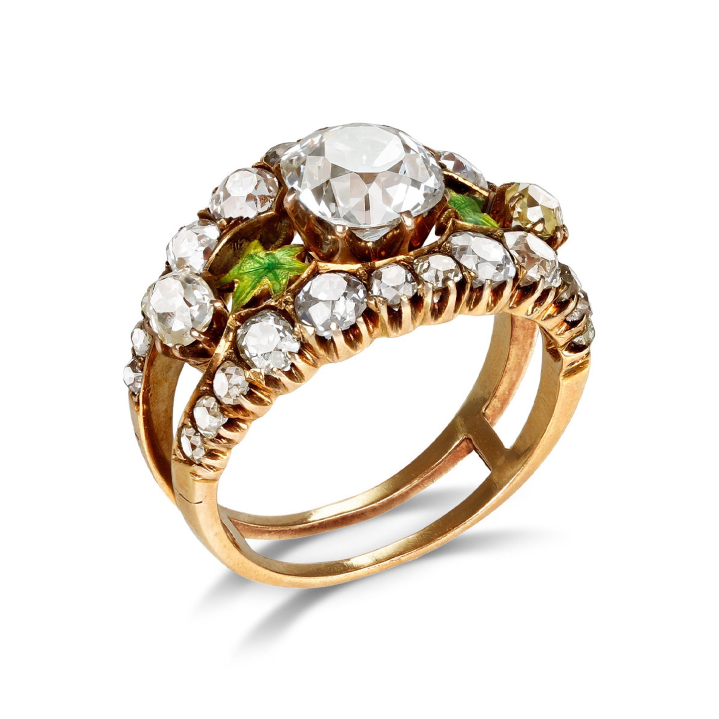 Art Nouveau 18KT Yellow Gold Diamond & Enamel Ring profile