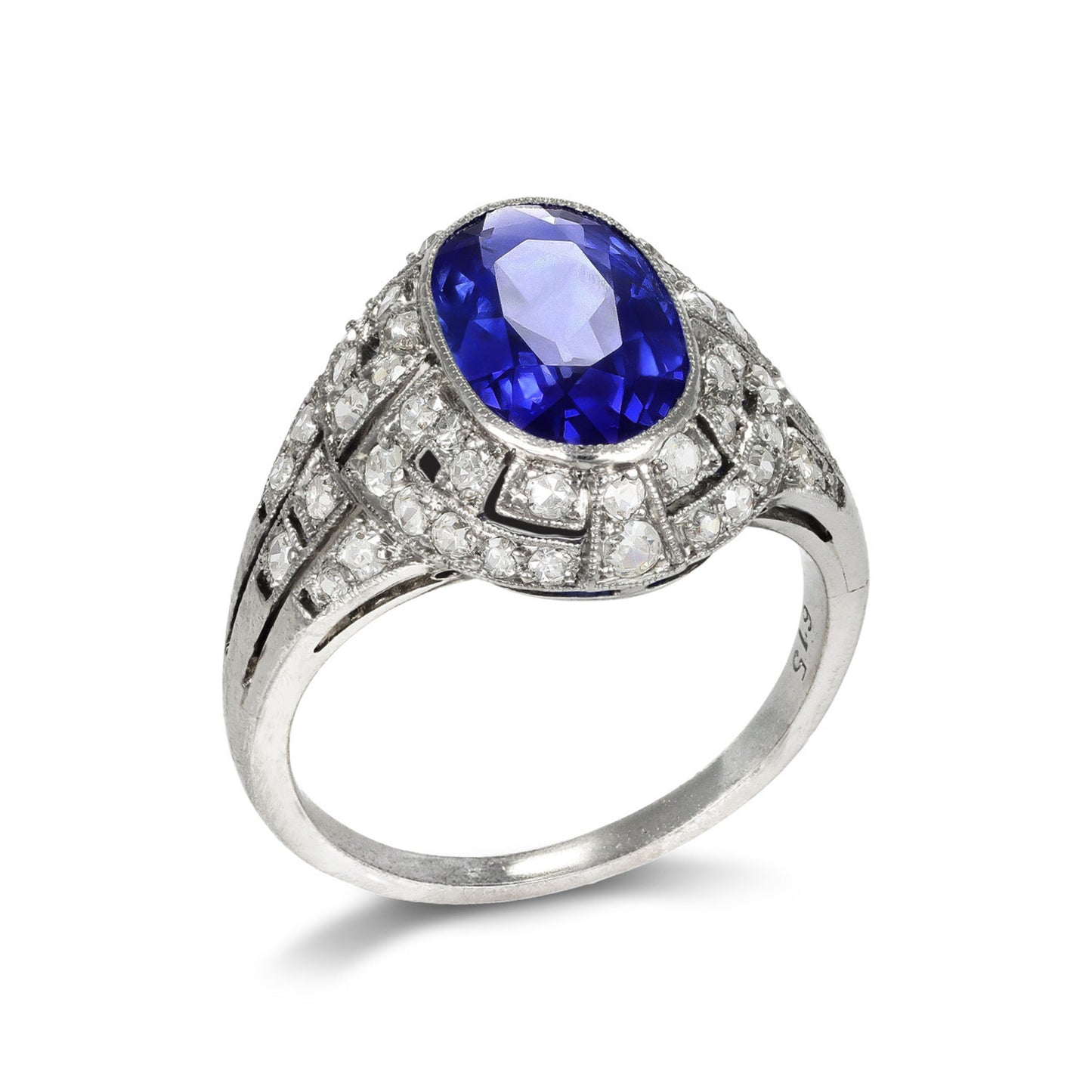 French Art Deco Platinum Sapphire & Diamond Ring profile