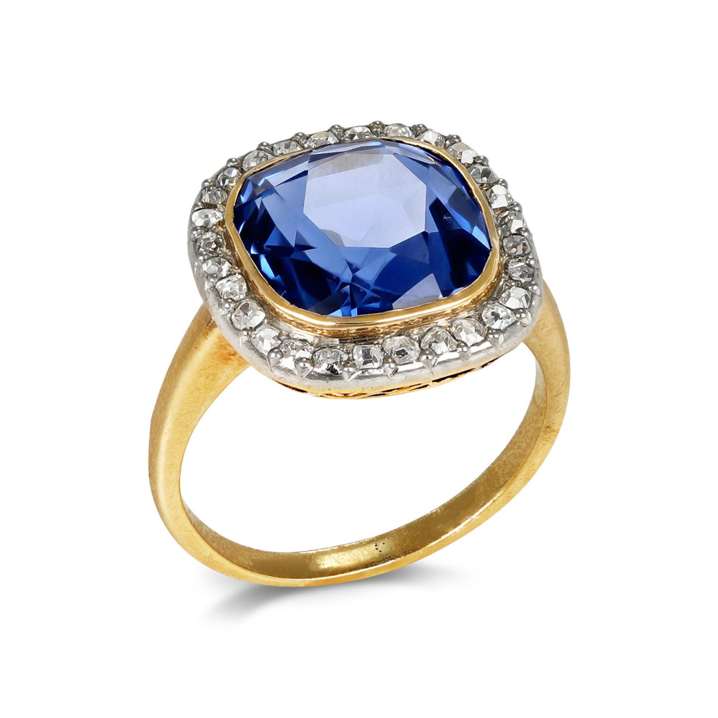 French Edwardian Platinum & 18KT Yellow Gold Sapphire & Diamond Ring profile