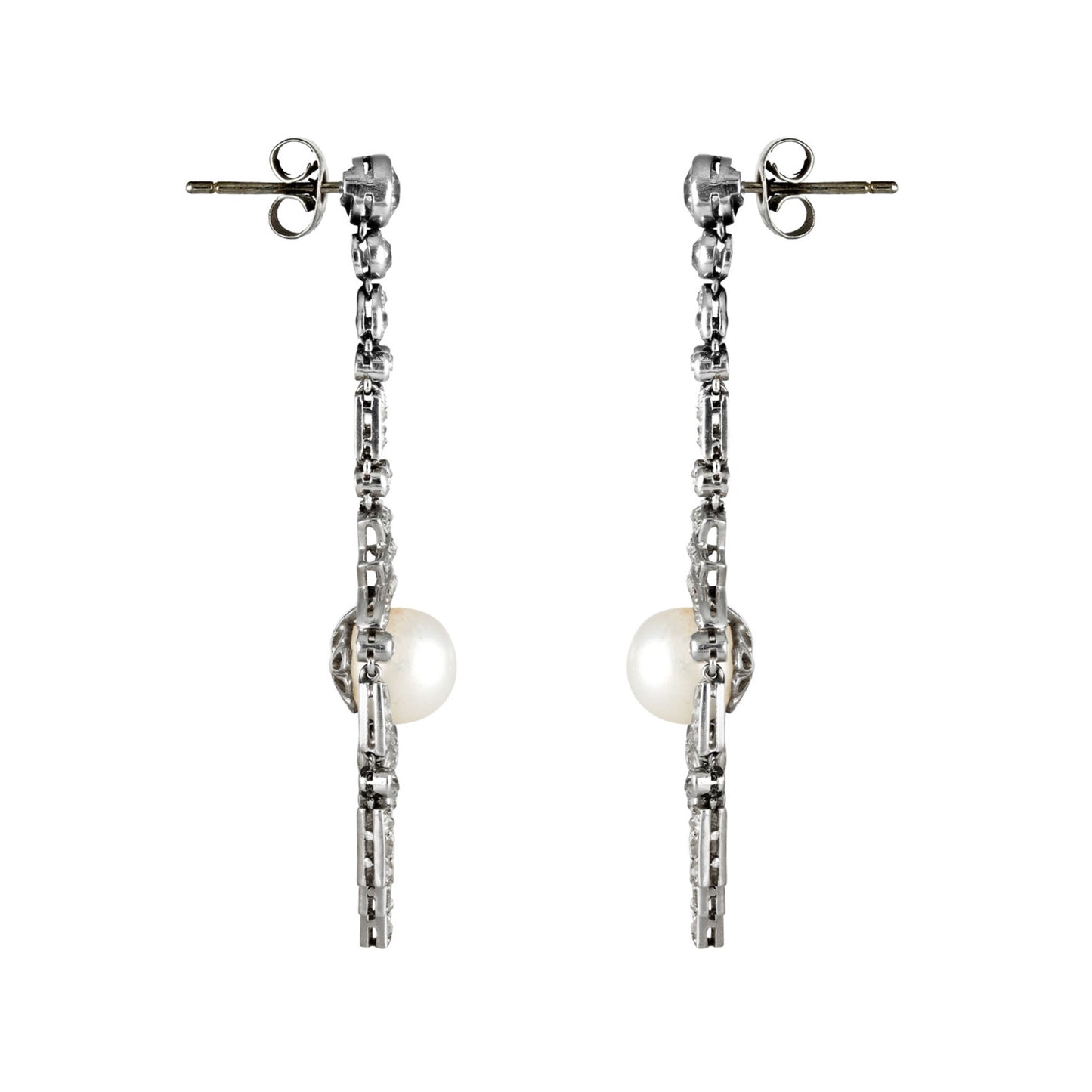 Art Deco Platinum & 18KT White Gold Natural Pearl & Diamond Earrings side
