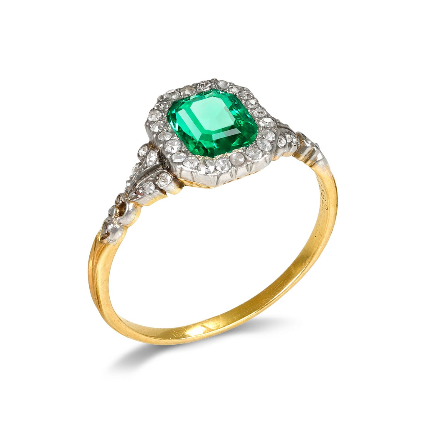 French Edwardian Platinum & 18KT Yellow Gold Emerald & Diamond Ring profile